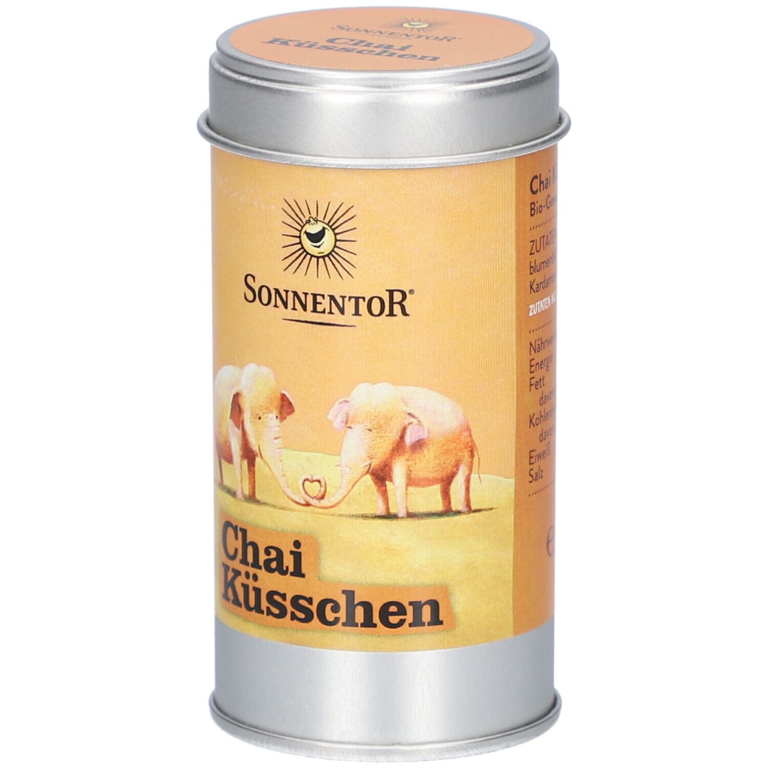 Zylindrische Dose mit Deckel. Aufdruck: Sonnentor, Chai Küsschen, zwei Elefanten. Bio-Qualität.