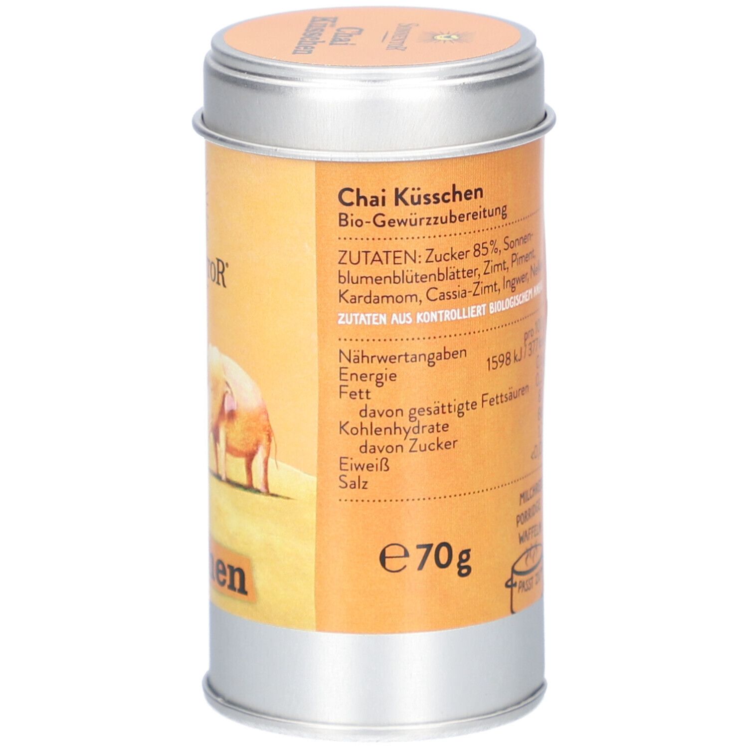 Zylindrische Dose, Detailansicht. Aufdruck: Zutaten, Nährwertangaben, Inhalt 70g. Bio-Qualität.