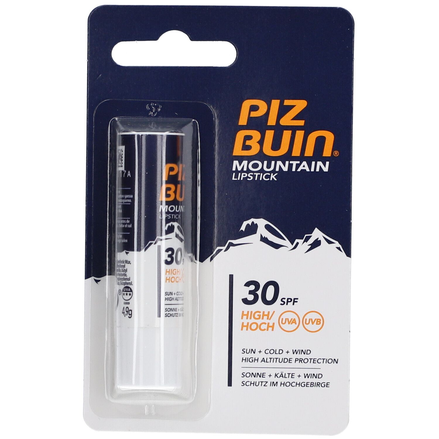 PIZ BUIN Mountain Lippenstift. Schwarze Verpackung mit Produktabbildung. 30 SPF, hoher Schutz vor Sonne, Kälte und Wind. 4,9g.