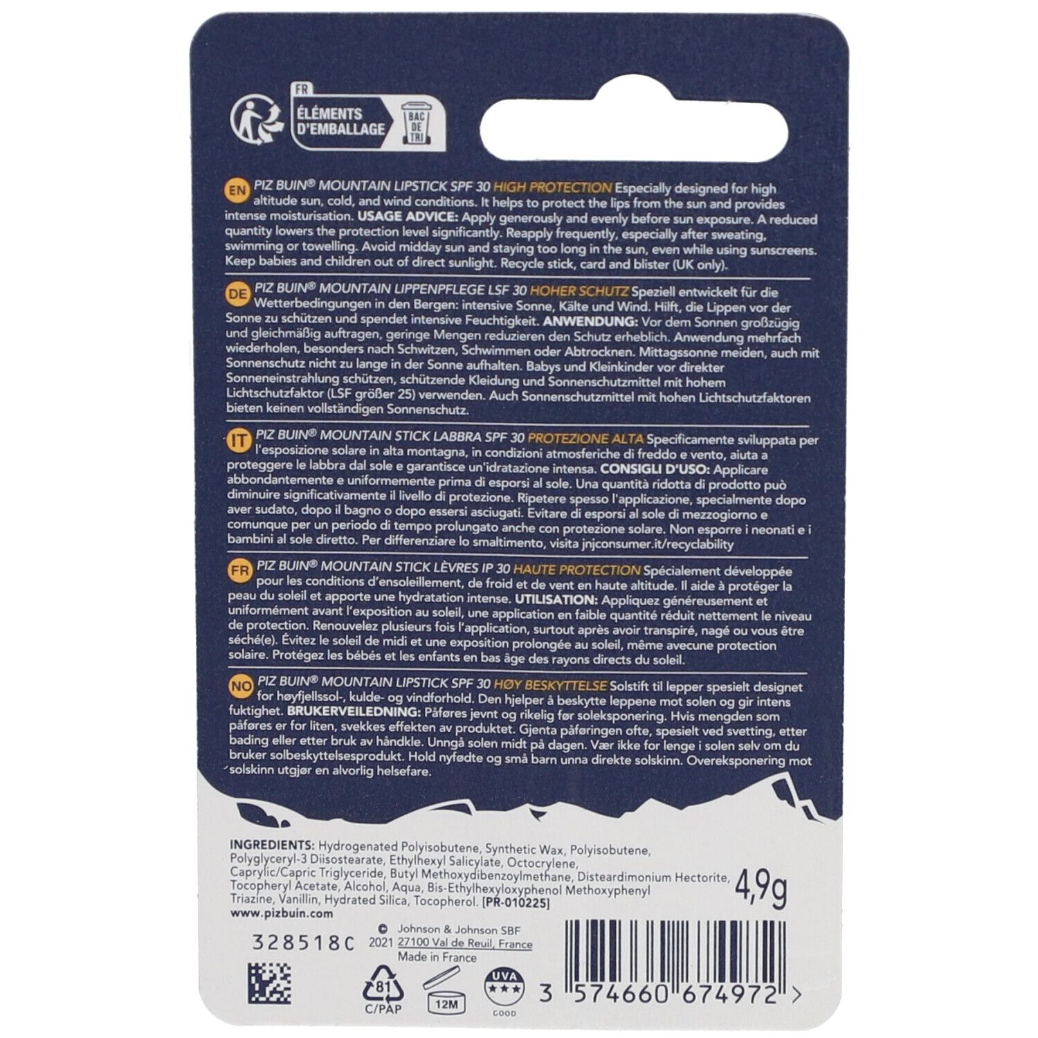 Rückseite der PIZ BUIN Mountain Lippenstift-Verpackung. Text in mehreren Sprachen. Enthält Inhaltsstoffe und Herstellerinformationen. 4,9g.