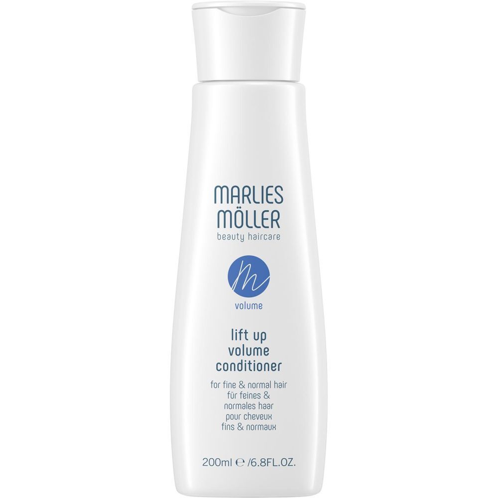 Weiße Flasche Marlies Möller Volume Conditioner. Blaue Schrift. 200ml. Für feines und normales Haar.