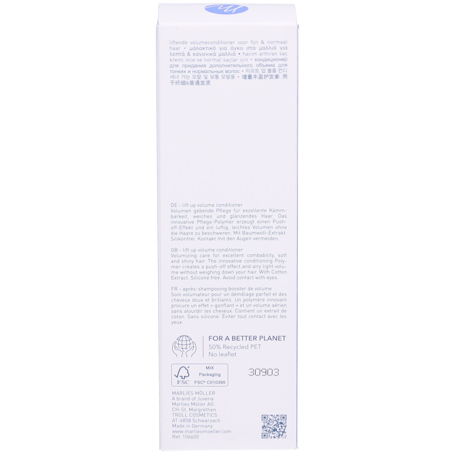 Seite der Marlies Möller Volume Conditioner Verpackung. Text in mehreren Sprachen.