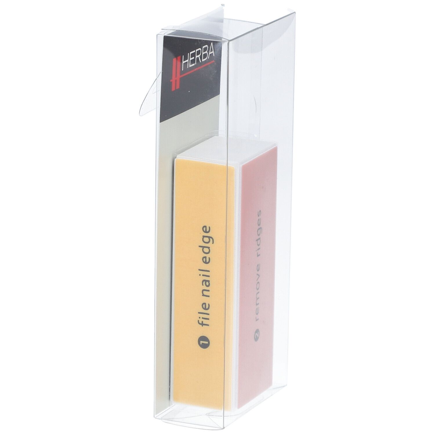 HERBA Nagelpolierblock in transparenter Verpackung. Gelbe und rosa Seiten mit Aufschriften: file nail edge und remove ridges.
