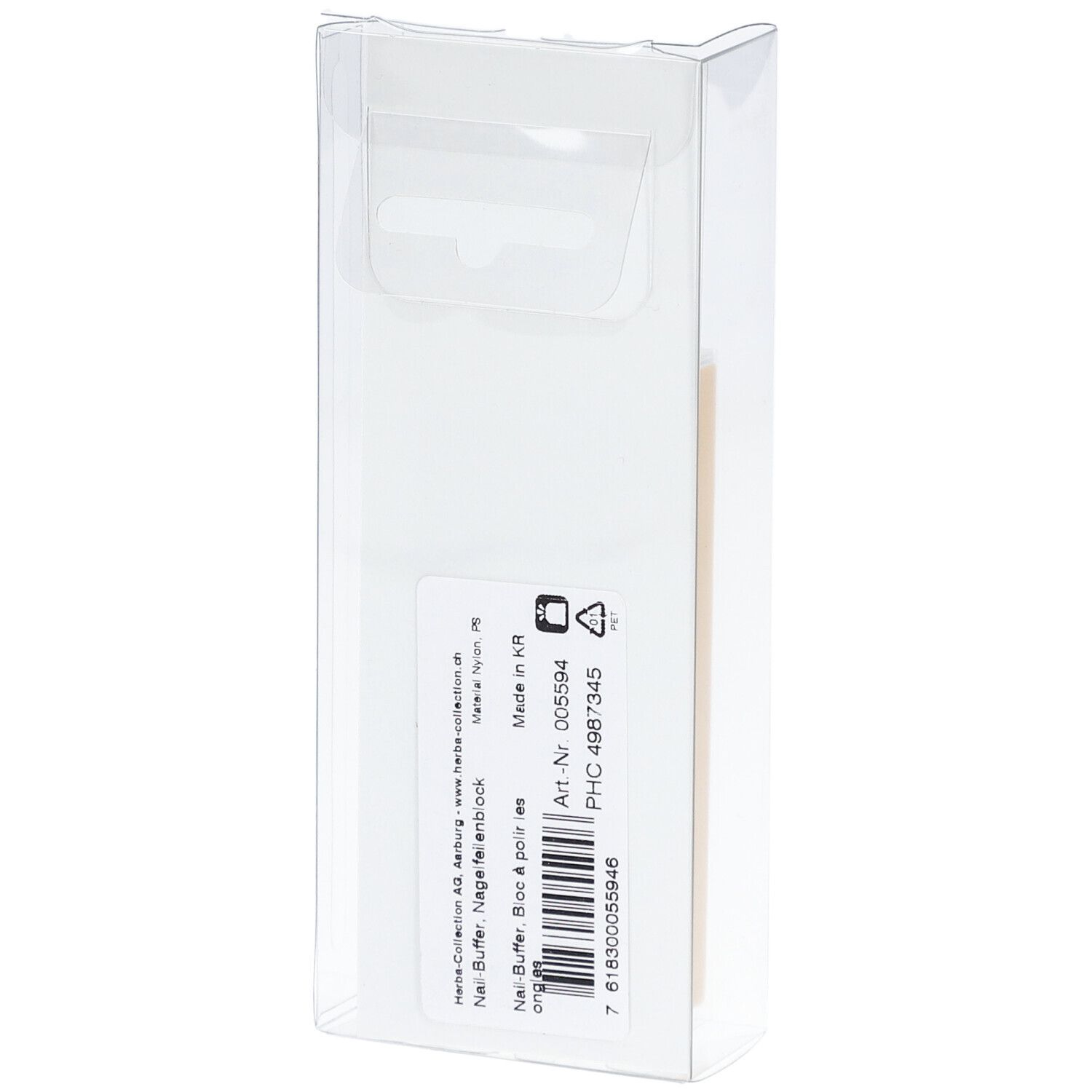 Transparente Verpackung mit einem Nagelbuffer. Auf der Rückseite befinden sich Informationen und ein Barcode.