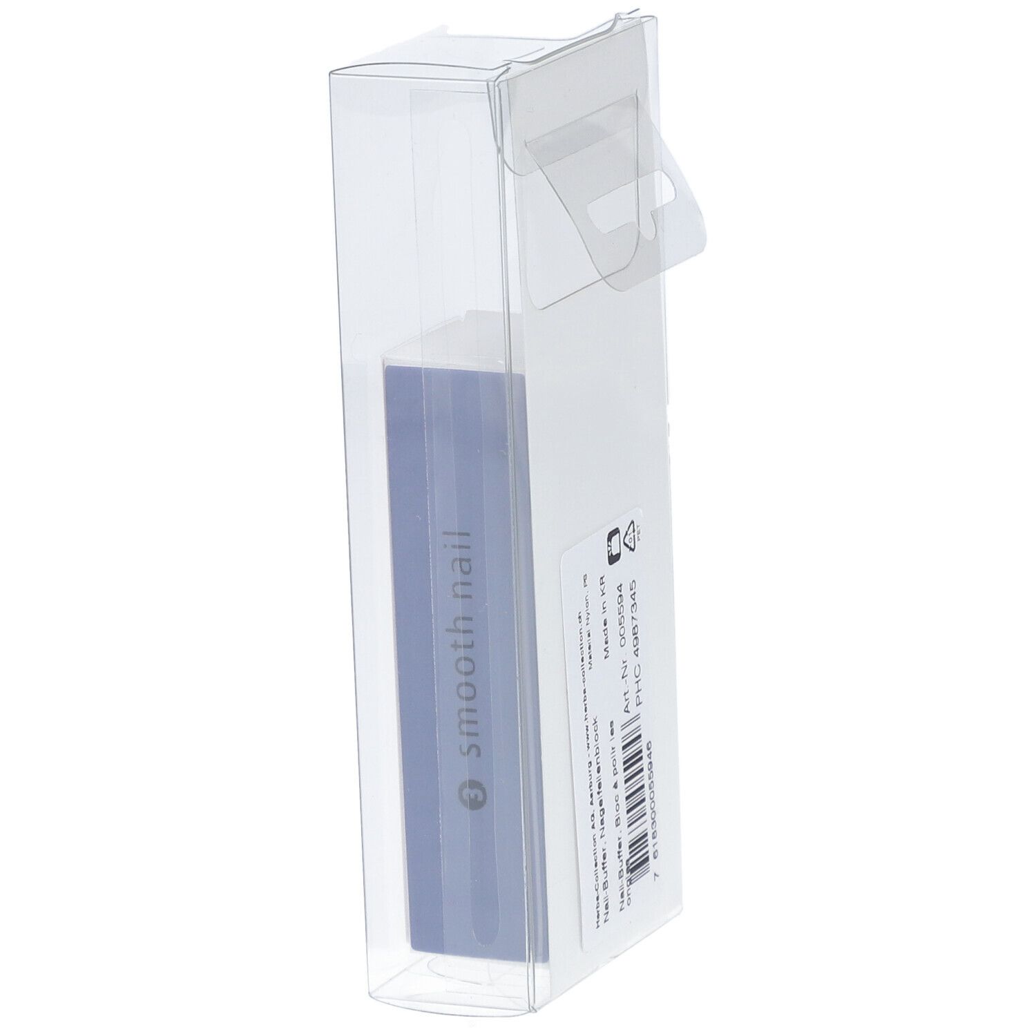 Nagelpolierblock in transparenter Verpackung. Blaue Seite mit der Aufschrift smooth nail.