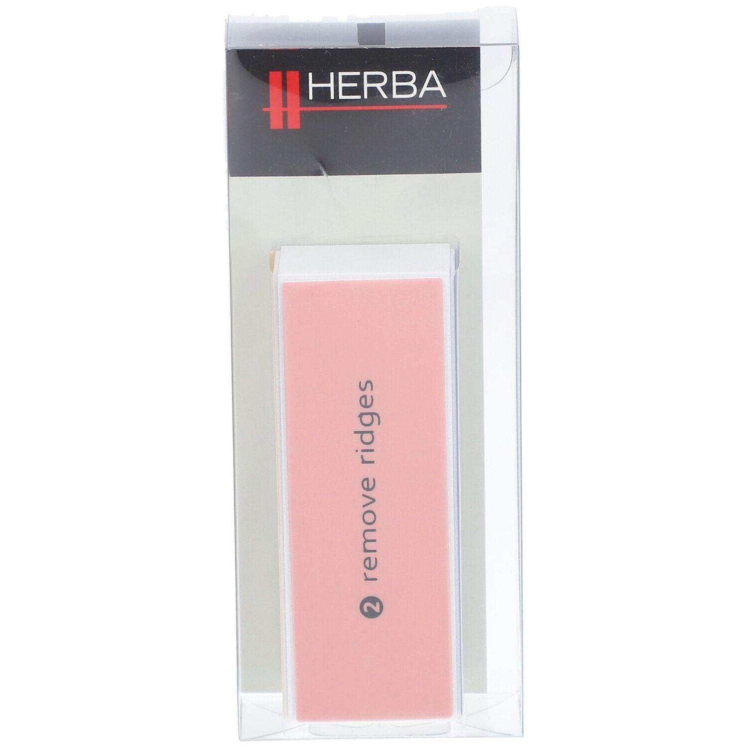 HERBA Nagelpolierblock in transparenter Verpackung. Rosa Seite mit der Aufschrift remove ridges.