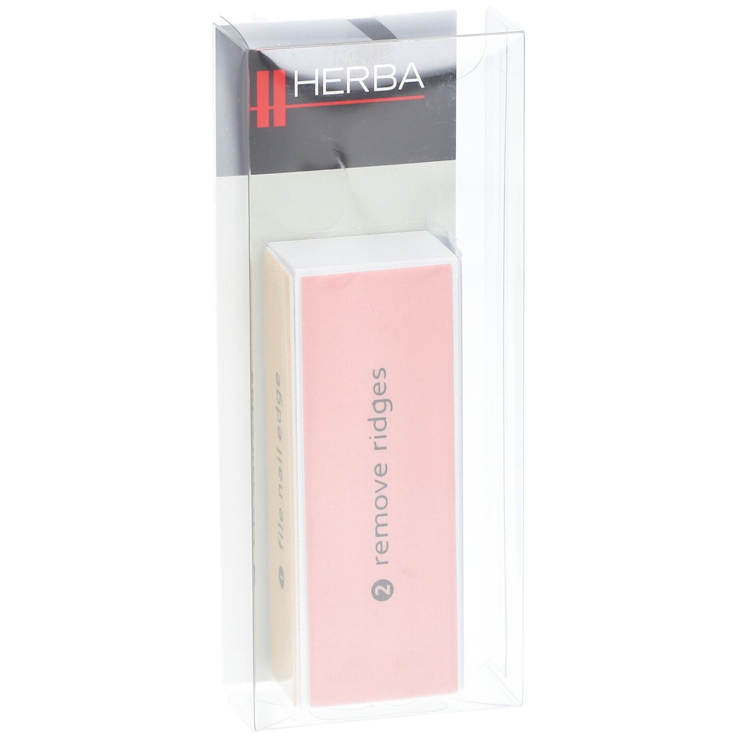 HERBA Nagelpolierblock in transparenter Verpackung. Rosa und beige Seite mit der Aufschrift remove ridges.