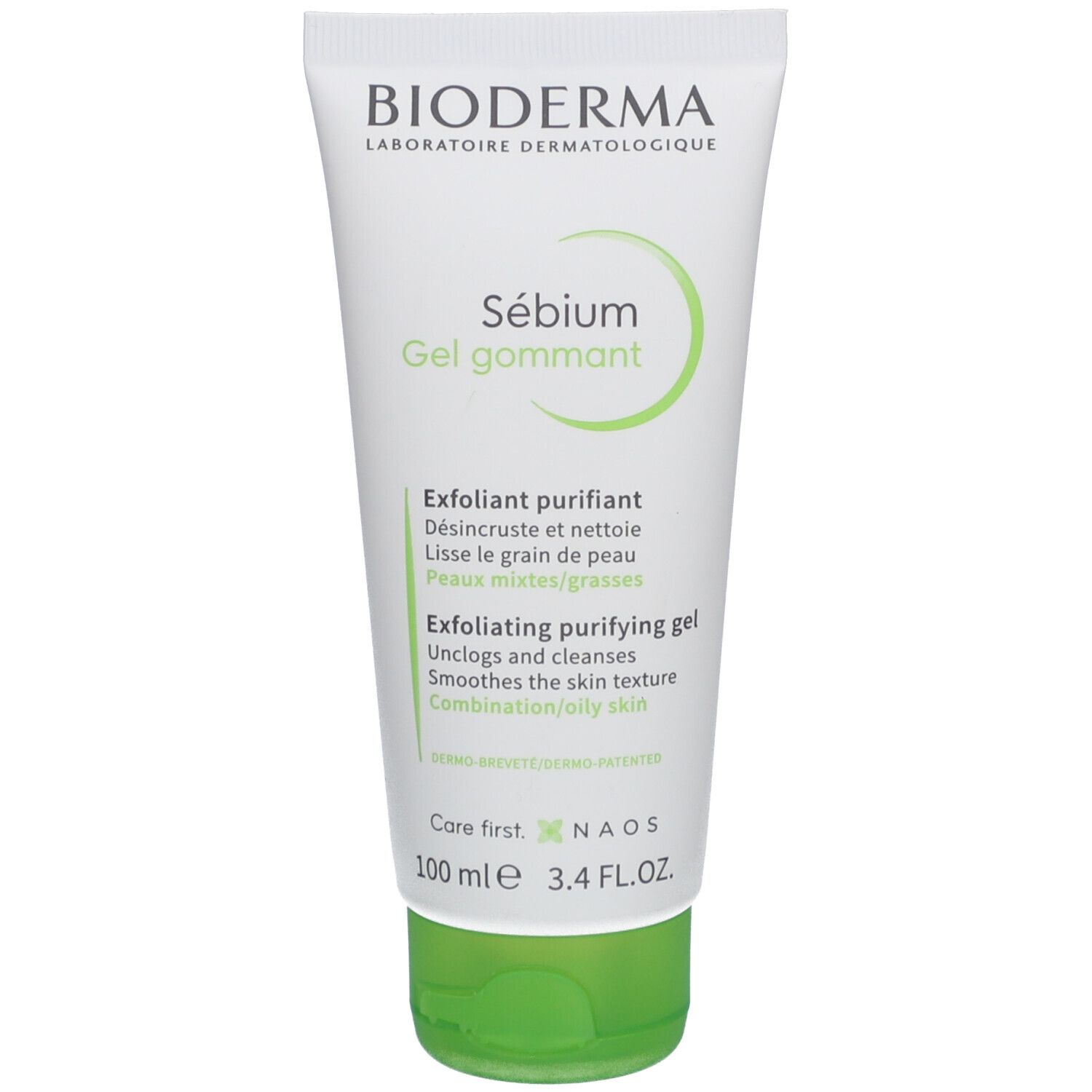 Weiße Tube mit grünem Deckel. Aufschrift: BIODERMA, Sébium Gel gommant. Text in Grün: Exfoliant purifiant, 100 ml.