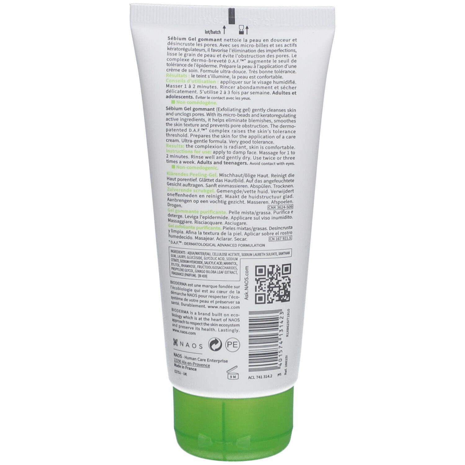 Rückseite der Tube. Text in mehreren Sprachen. QR-Code und Logos. Grüner Deckel.