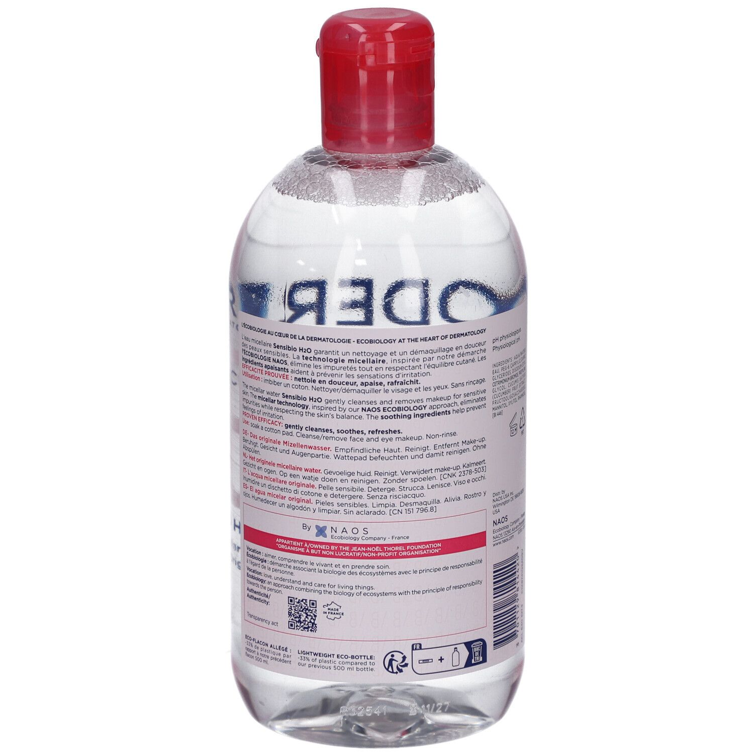 Rückseite der Flasche. Etikett mit Text. Roter Deckel. Transparente Flüssigkeit. Marke: BIODERMA.