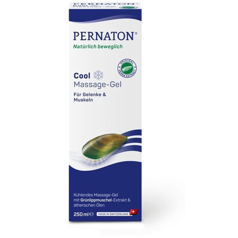 PERNATON Cool Massage-Gel. Weiße Tube mit blauer Schrift und Muschel-Abbildung. 250ml. Made in Switzerland.