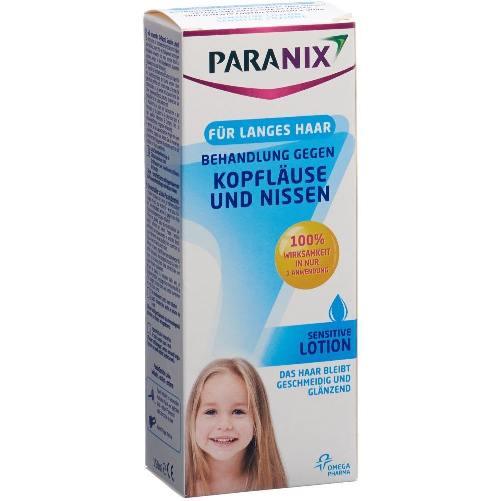 Boîte PARANIX. Pour cheveux longs. Traitement contre les poux et les lentes. Lotion sensitive. Image d'une fille. Omega Pharma.