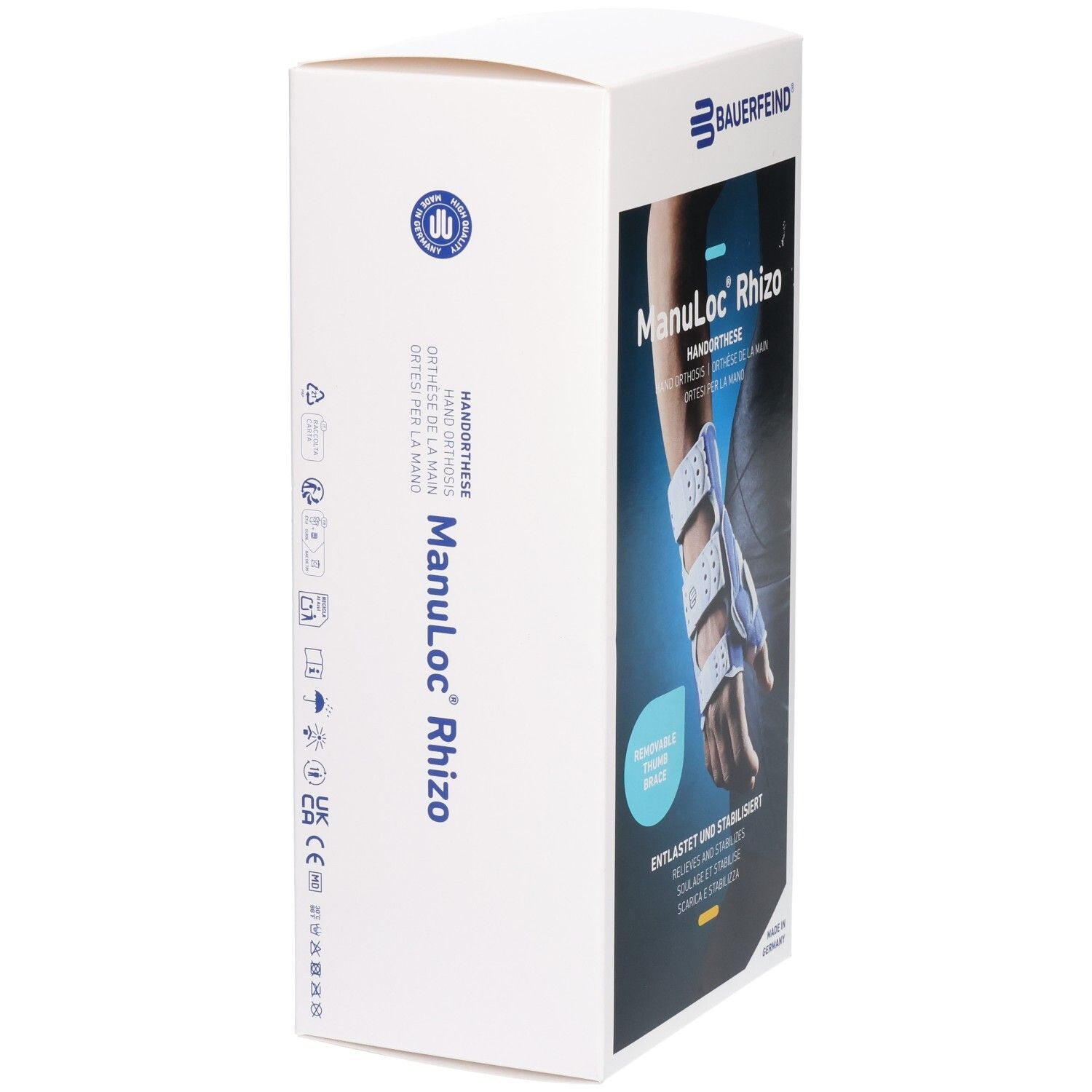 Bauerfeind ManuLoc Rhizo Handorthese Verpackung, Seitenansicht mit Symbolen und Produktnamen.