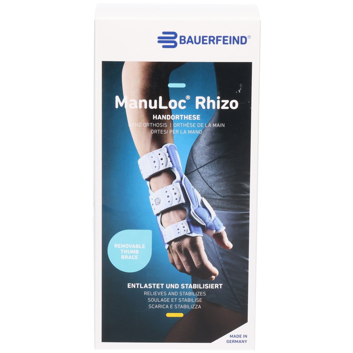 Bauerfeind ManuLoc Rhizo Handorthese Verpackung mit Abbildung einer Hand mit Orthese und Text.
