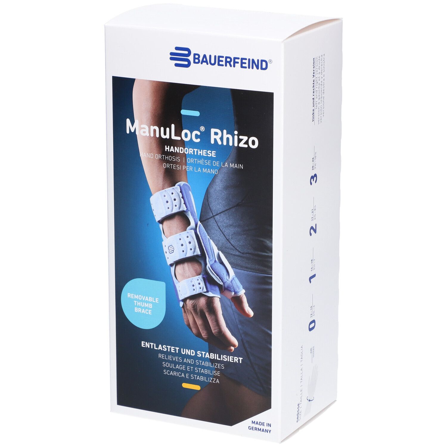 Produktverpackung. Manuloc Rhizo Handorthese, blau. Bauerfeind Logo. Text: Entlastet und stabilisiert.