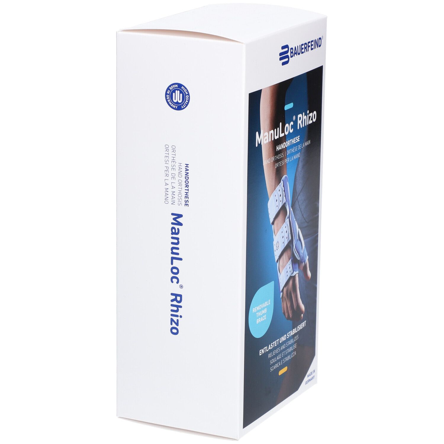 Produktverpackung. Manuloc Rhizo Handorthese. Bauerfeind Logo. Text: Entlastet und stabilisiert. Zertifizierungen.