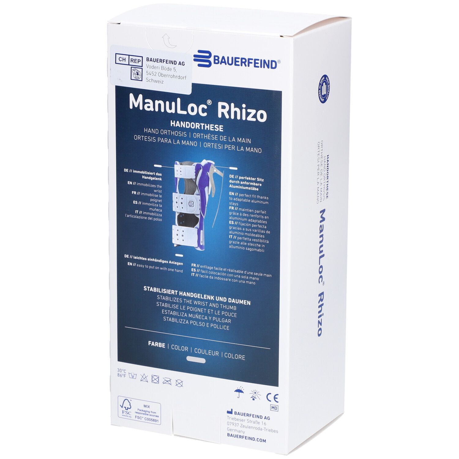 Produktverpackung. Manuloc Rhizo Handorthese. Bauerfeind Logo. Rückseite mit Produktinformationen und Zertifizierungen.