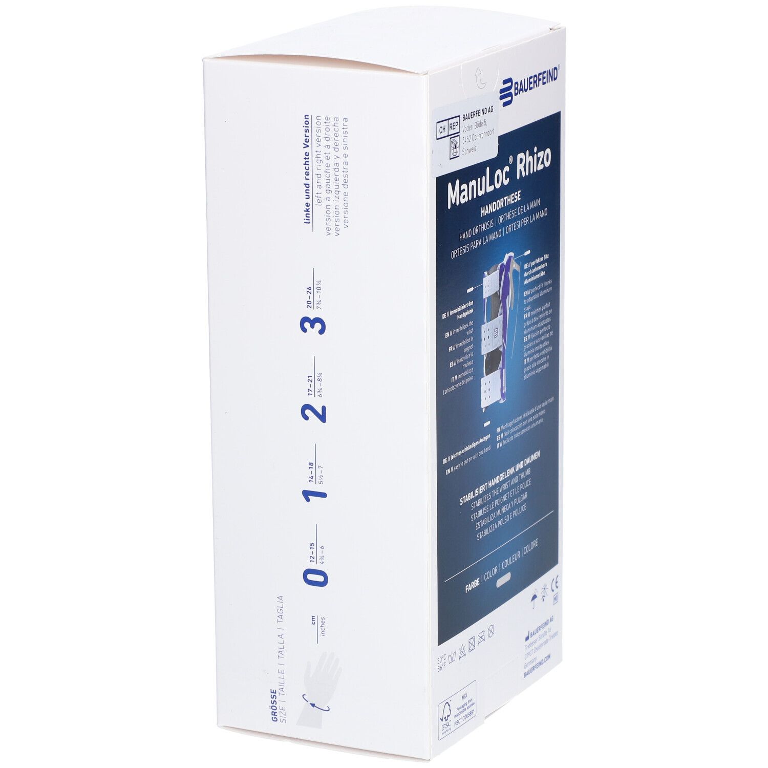 Produktverpackung. Manuloc Rhizo Handorthese. Größenangaben. Bauerfeind Logo. Text: Entlastet und stabilisiert.