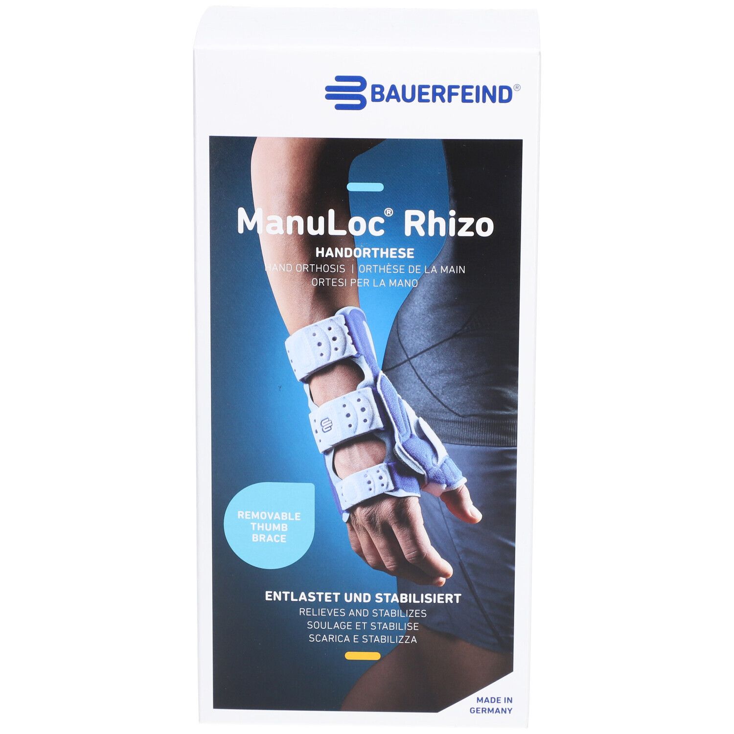 Produktverpackung. Manuloc Rhizo Handorthese, blau. Bauerfeind Logo. Text: Entlastet und stabilisiert. Made in Germany.