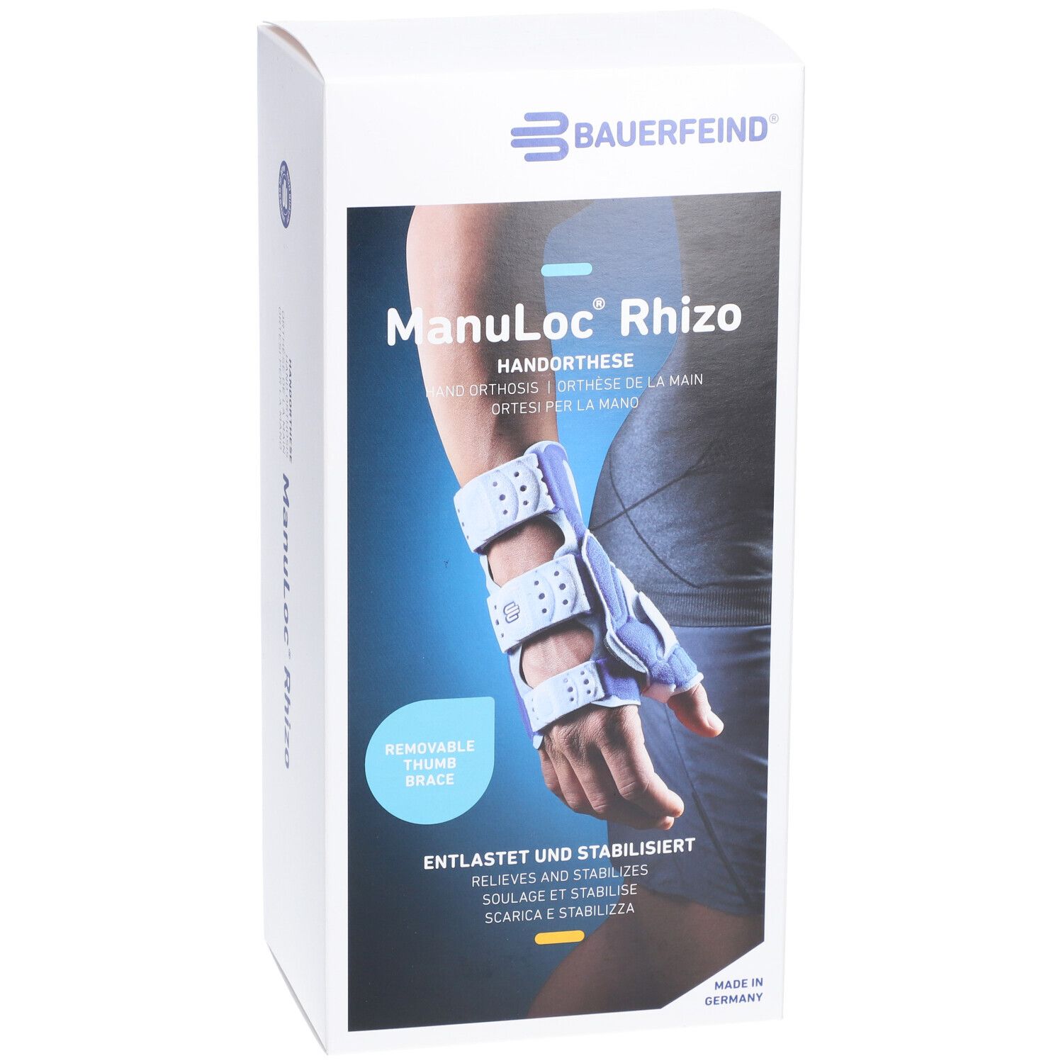Produktverpackung. Manuloc Rhizo Handorthese, blau. Bauerfeind Logo. Text: Entlastet und stabilisiert. Made in Germany.