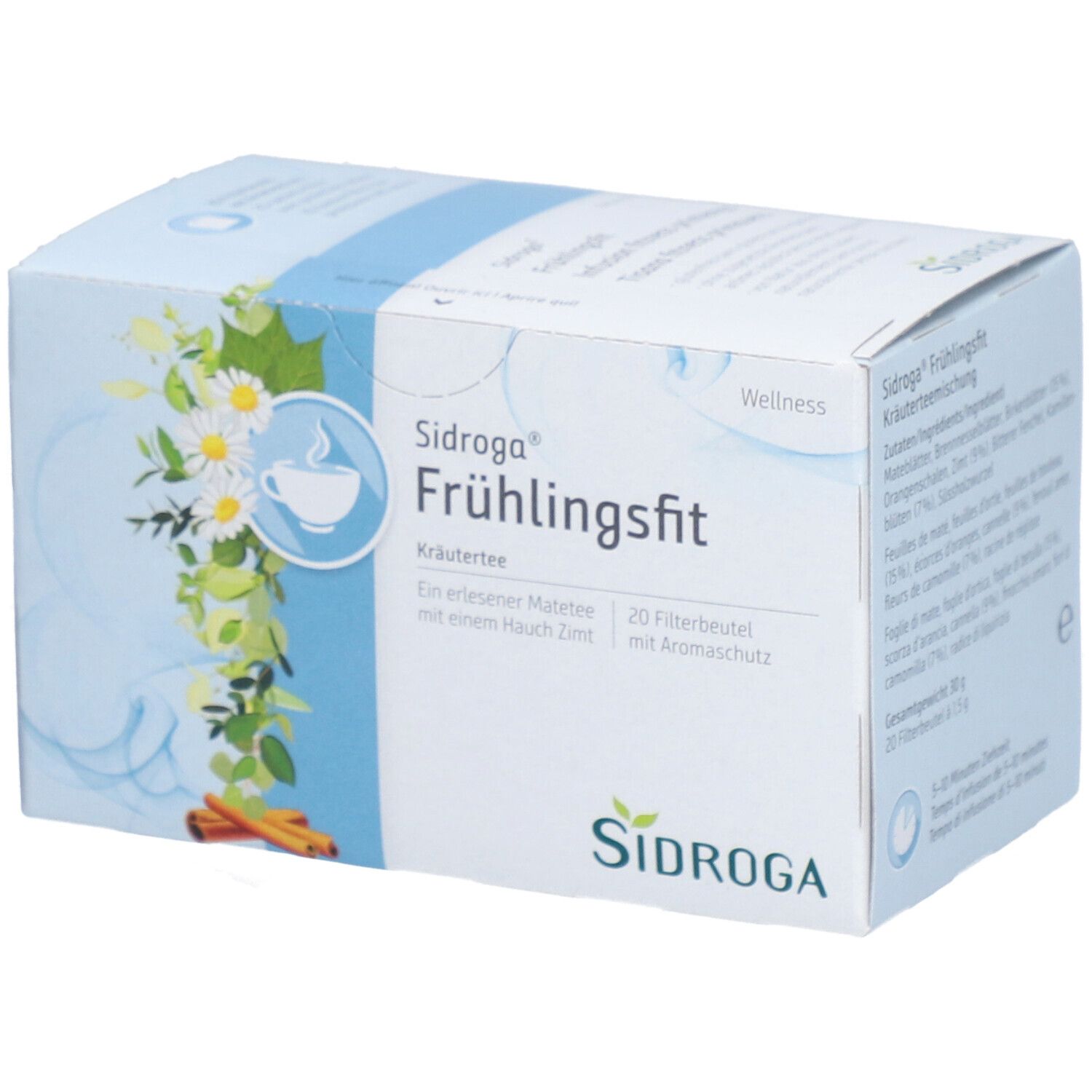 Kräuterteemischung in einer Schachtel. Aufdruck: Sidroga Frühlingsfit, 20 Filterbeutel. Abbildung von Kamille und Zimtstangen.