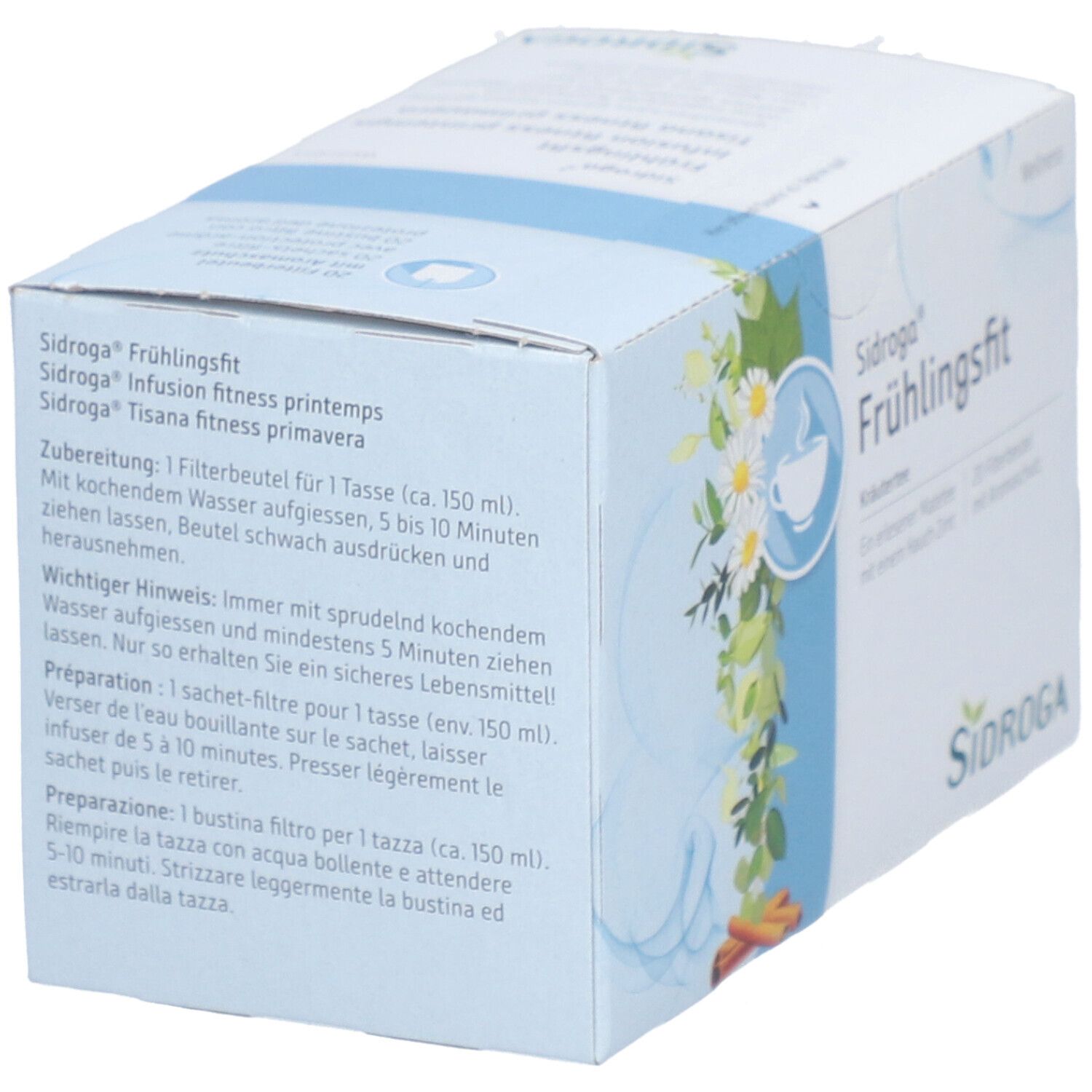 Schachtel mit Kräuterteemischung. Aufdruck: Sidroga Frühlingsfit, Zubereitungshinweise in Deutsch, Französisch und Italienisch.