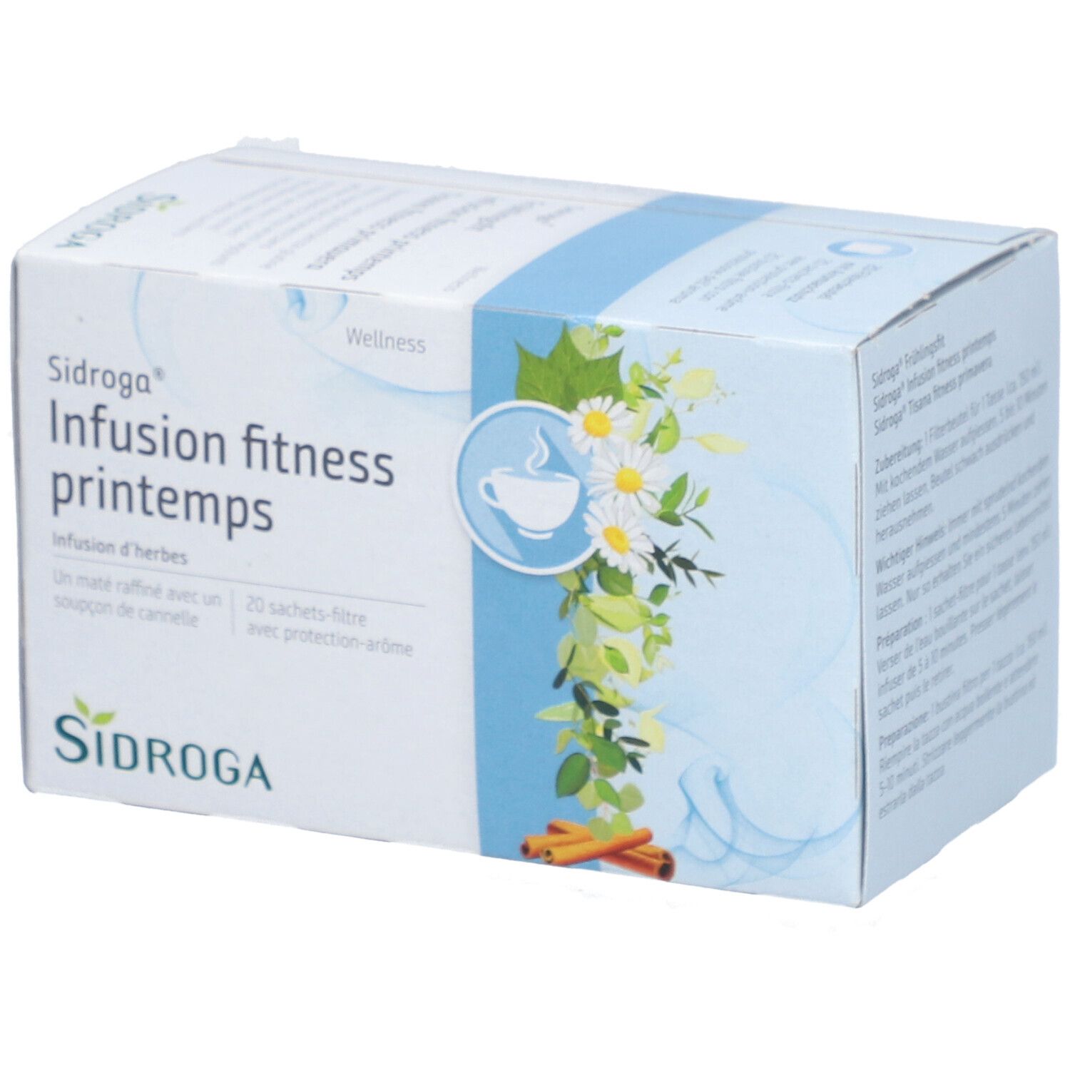 Schachtel mit Kräuterteemischung. Aufdruck: Sidroga Infusion fitness printemps, 20 Filterbeutel. Abbildung von Kamille und Zimtstangen.