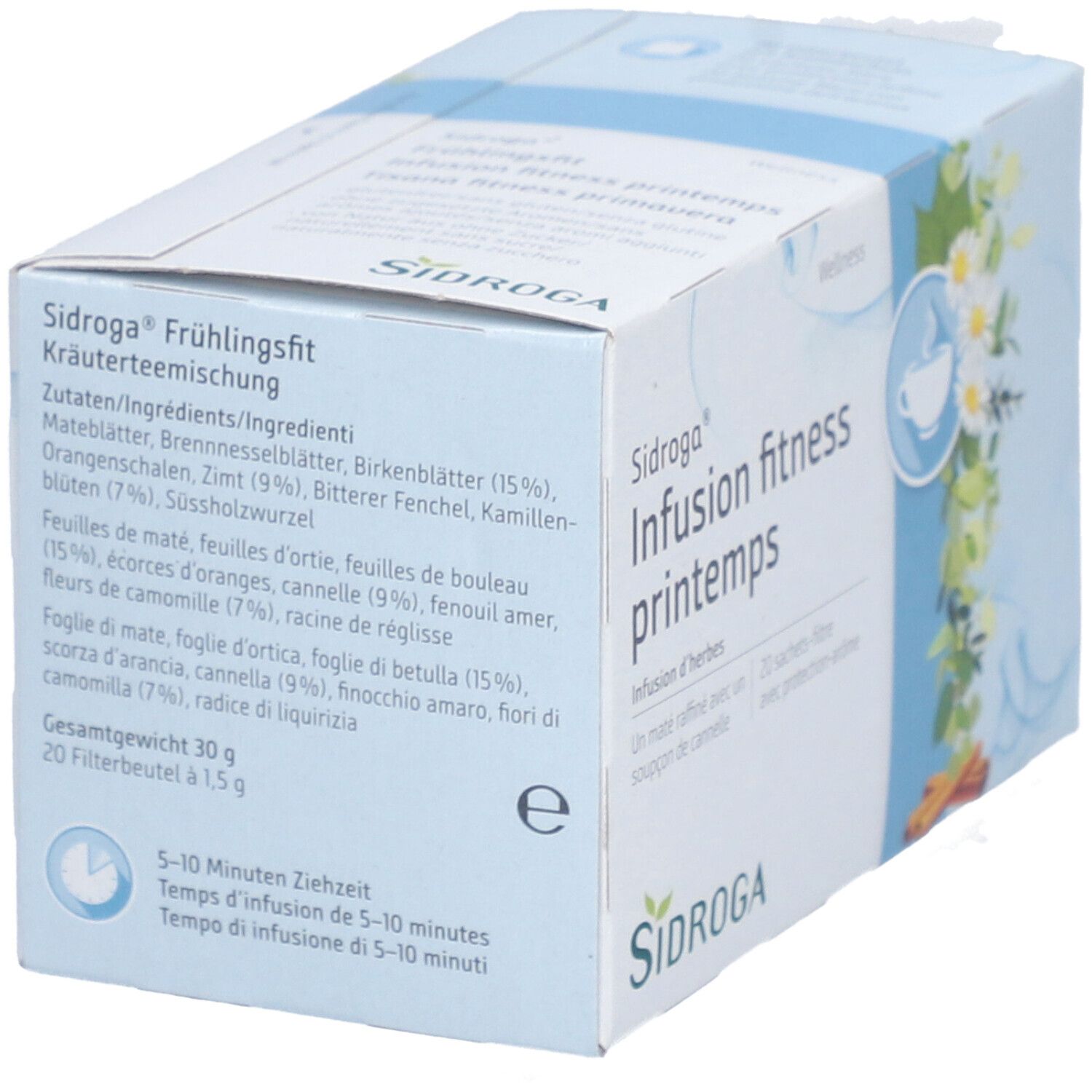 Schachtel mit Kräuterteemischung. Aufdruck: Sidroga Frühlingsfit, Zutatenliste, Zubereitungshinweise, 20 Filterbeutel. Logo: Sidroga.