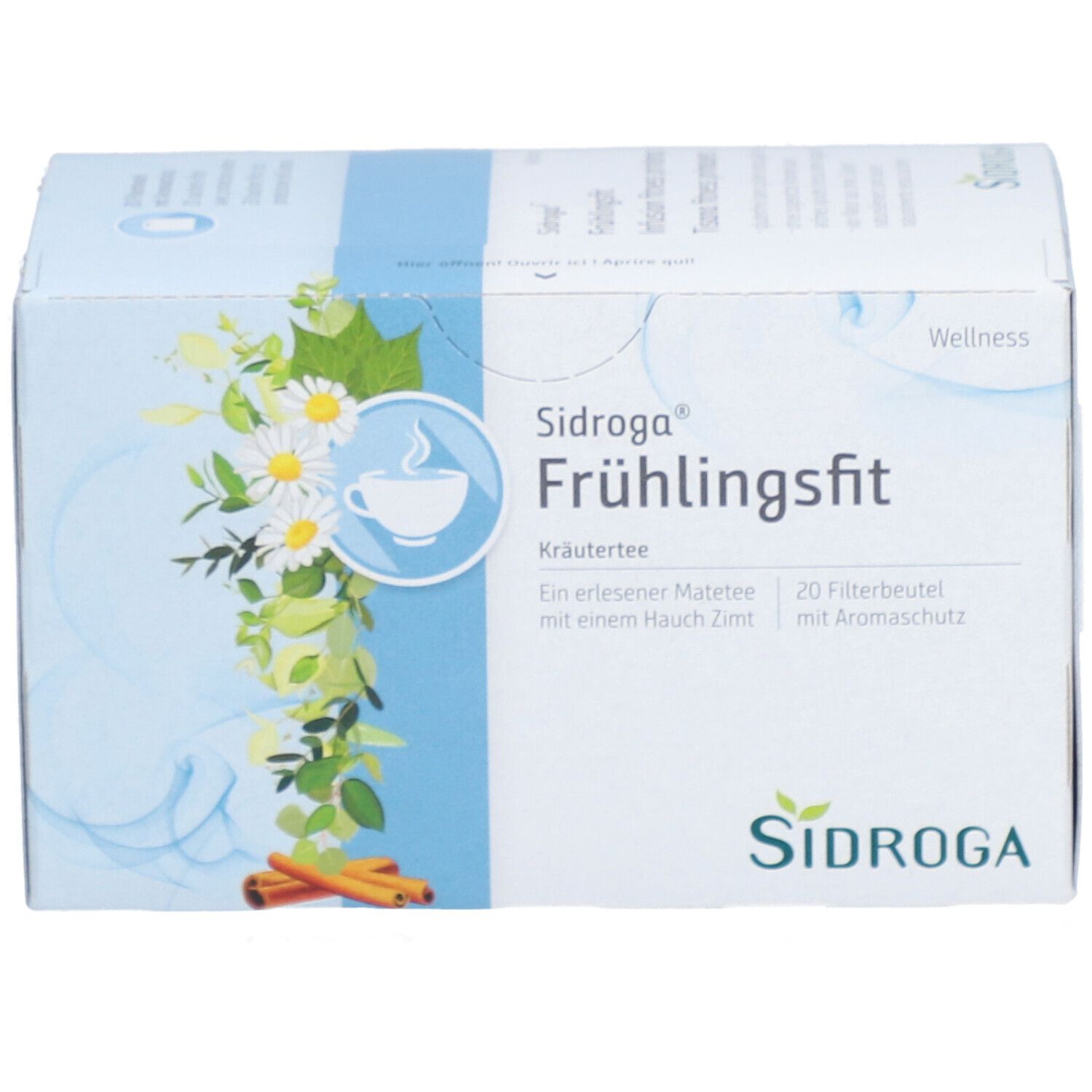 Kräuterteemischung in einer Schachtel. Aufdruck: Sidroga Frühlingsfit, 20 Filterbeutel. Abbildung von Kamille und Zimtstangen.