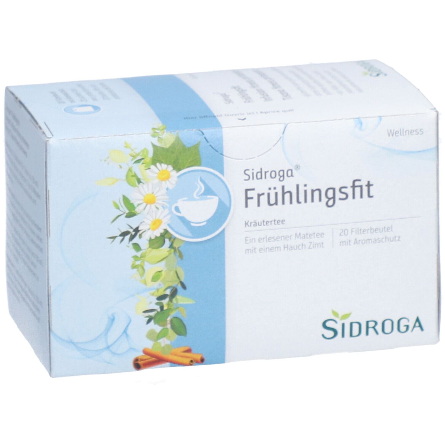 Kräuterteemischung in einer Schachtel. Aufdruck: Sidroga Frühlingsfit, 20 Filterbeutel. Abbildung von Kamille und Zimtstangen.
