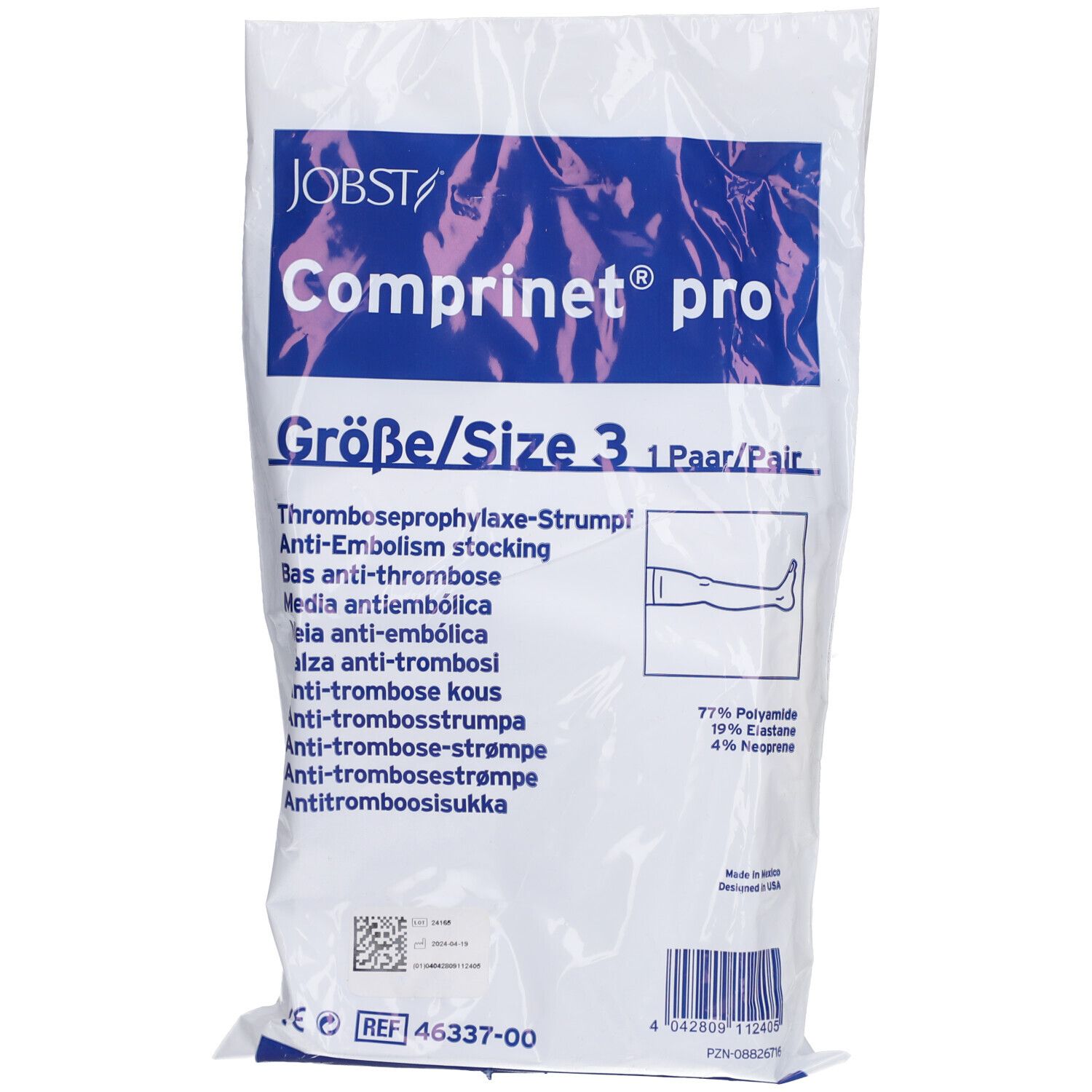 Verpackung COMPRINET pro, Größe 3, 1 Paar. Anti-Thrombose-Strümpfe. JOBST-Logo. Illustration Bein.