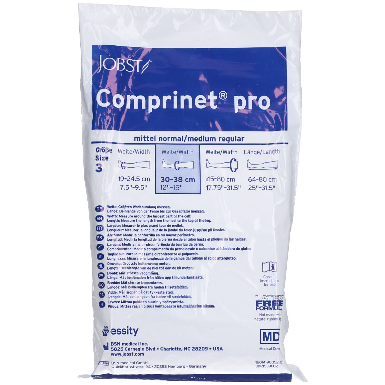 Verpackung COMPRINET pro, Größe 3. Maße: 19.2-24.5cm, 30-38cm, 45-80cm, 64-80cm. Text: mittel/normal/regular. Logo BSN medical.