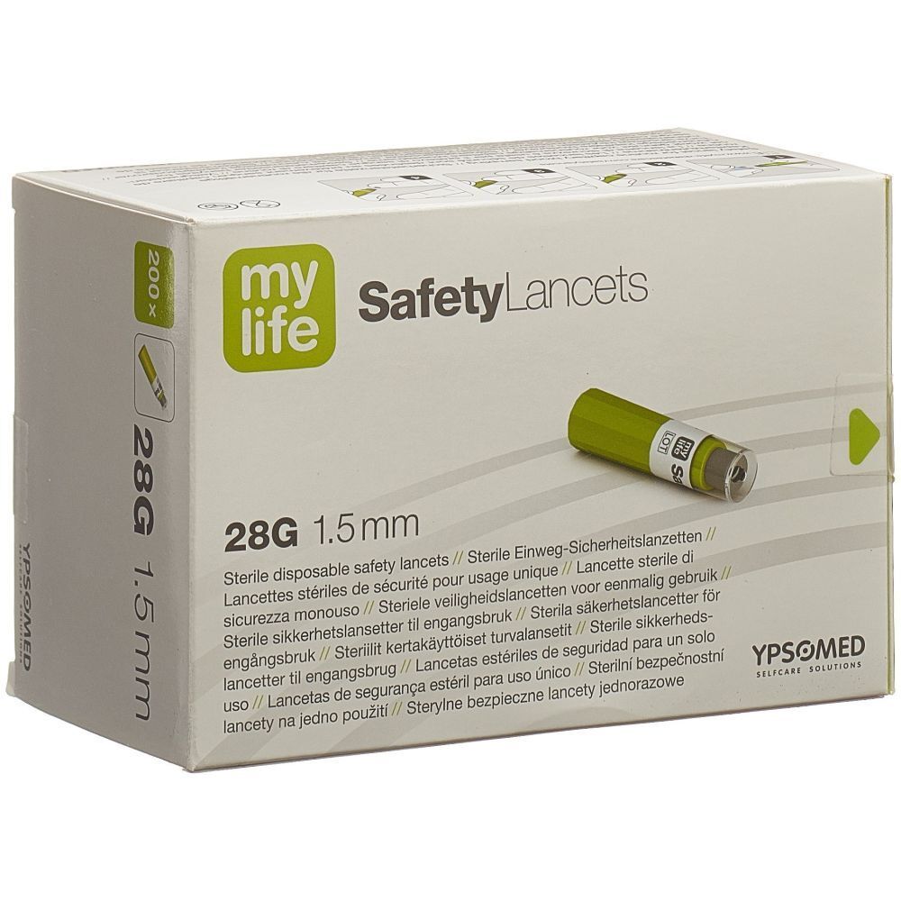 Packung mylife SafetyLancets. 28G 1,5 mm. Sterile Einweg-Sicherheitslanzetten. Grün-weiße Lanzette abgebildet.