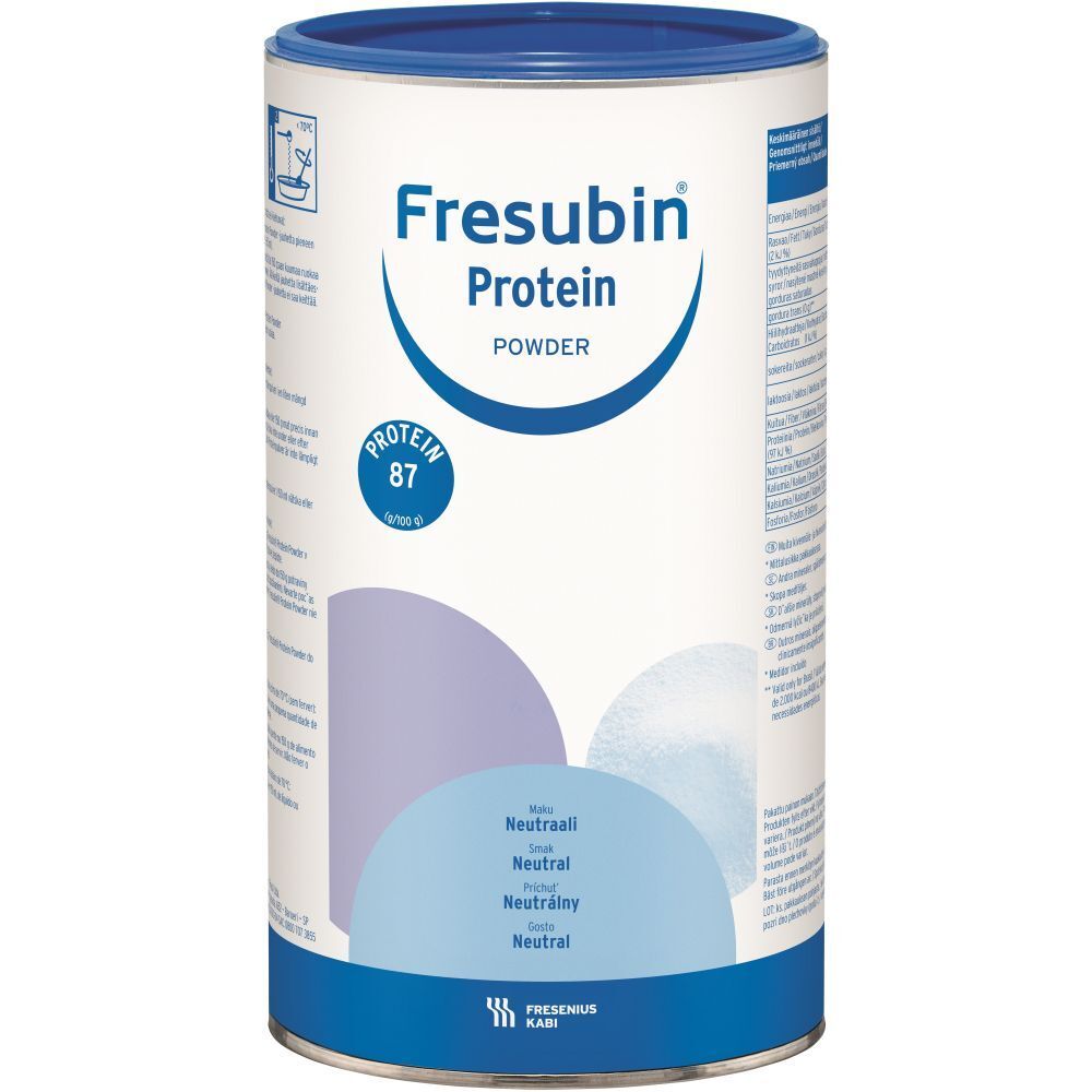 Dose Fresubin Protein Powder. Blaues Oberteil, weißer Behälter. Aufschrift: Protein, Powder, 87. Neutrale Geschmacksrichtung.