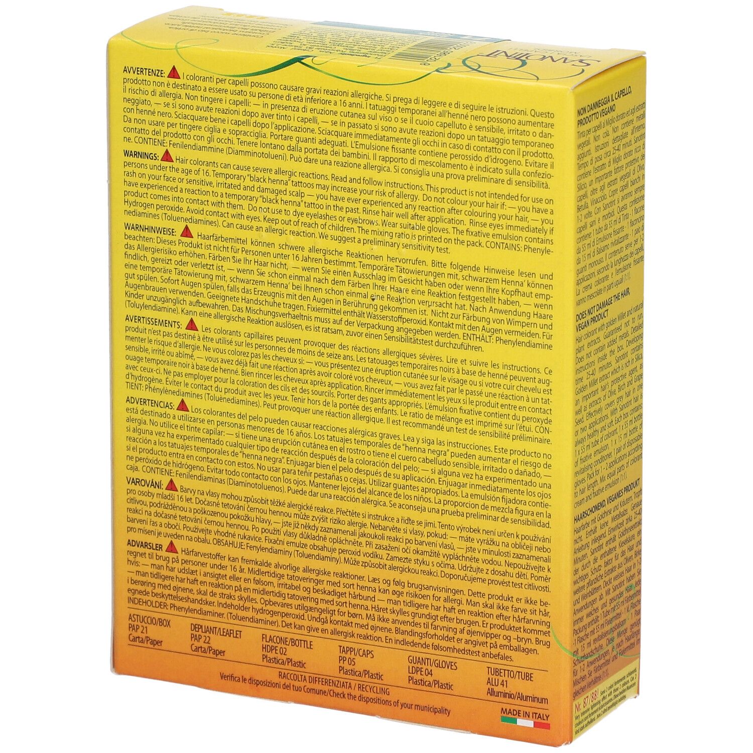 Gelbe Schachtel, Rückseite. Text in mehreren Sprachen. Warnhinweise und Inhaltsstoffe. Hergestellt in Italien.