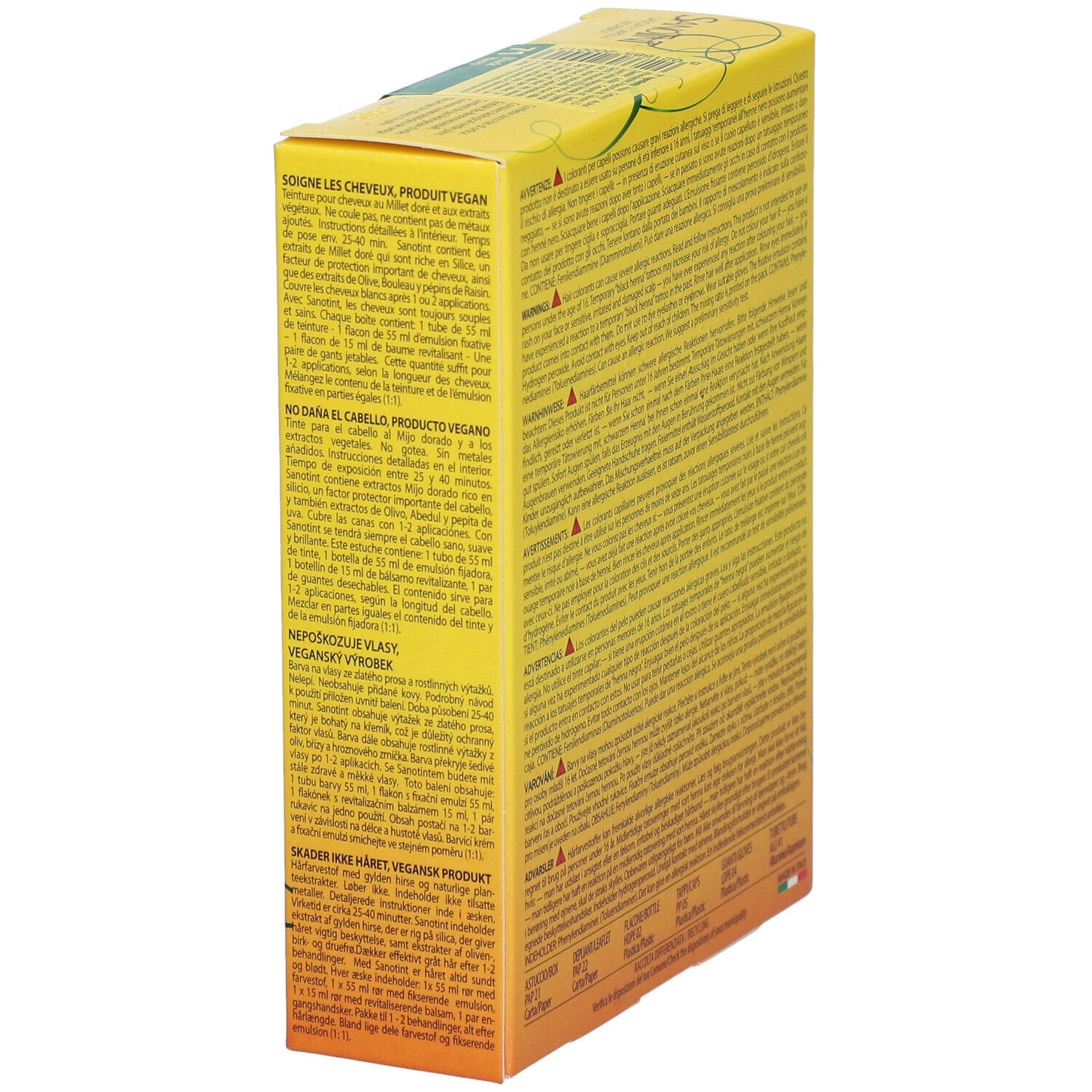 Gelbe Schachtel, Seitenansicht. Text in mehreren Sprachen. Vegan-Produkt. Hergestellt in Italien.
