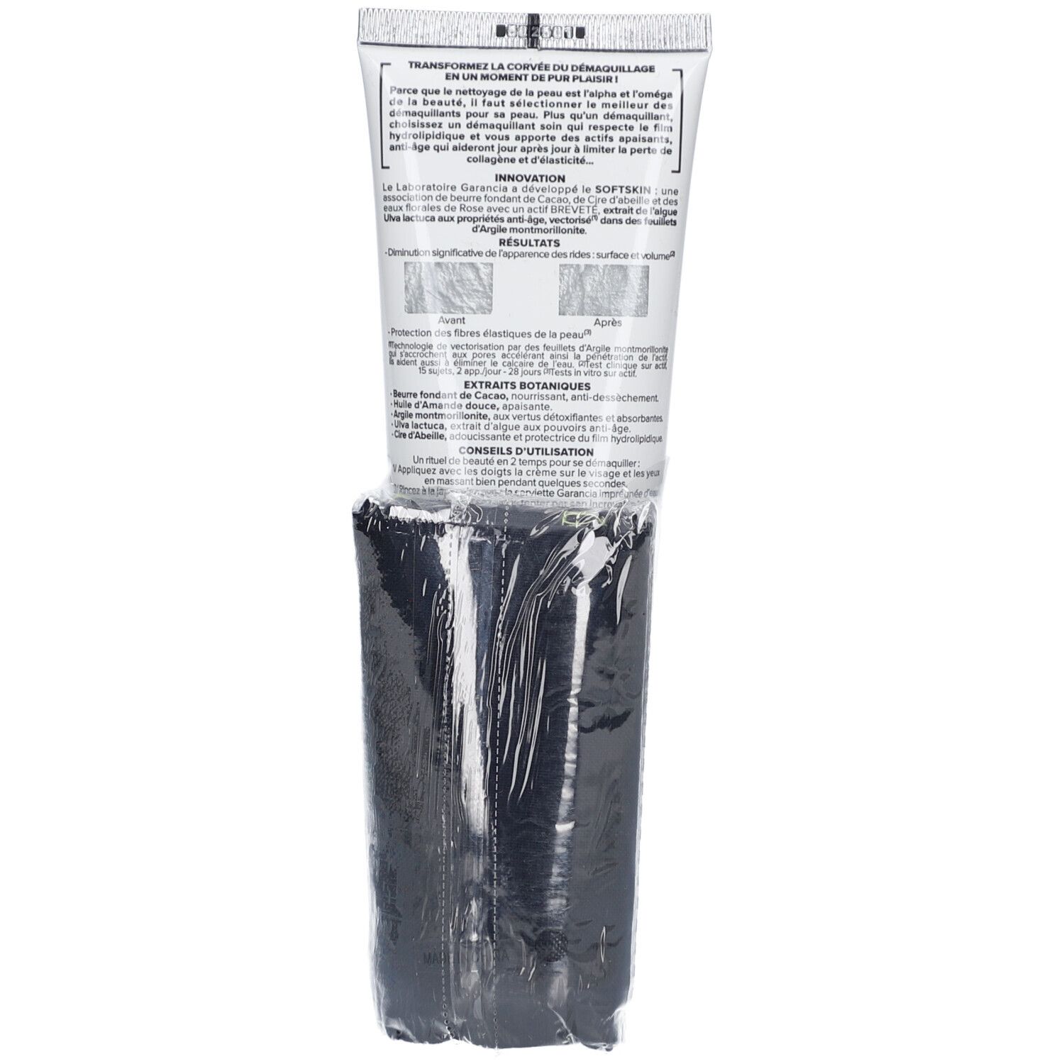 Rückseite des Tubenprodukts. Text und Inhaltsstoffe. In Folie verpackt.