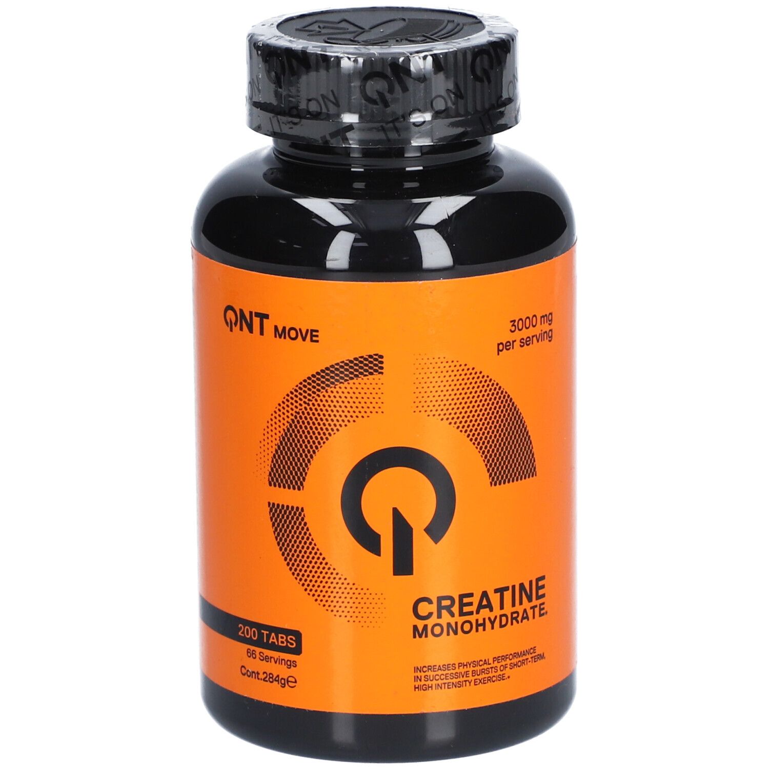 Schwarze Flasche mit orangefarbenem Etikett. Aufschrift: QNT MOVE, Kreatin Monohydrat. 200 Tabletten.