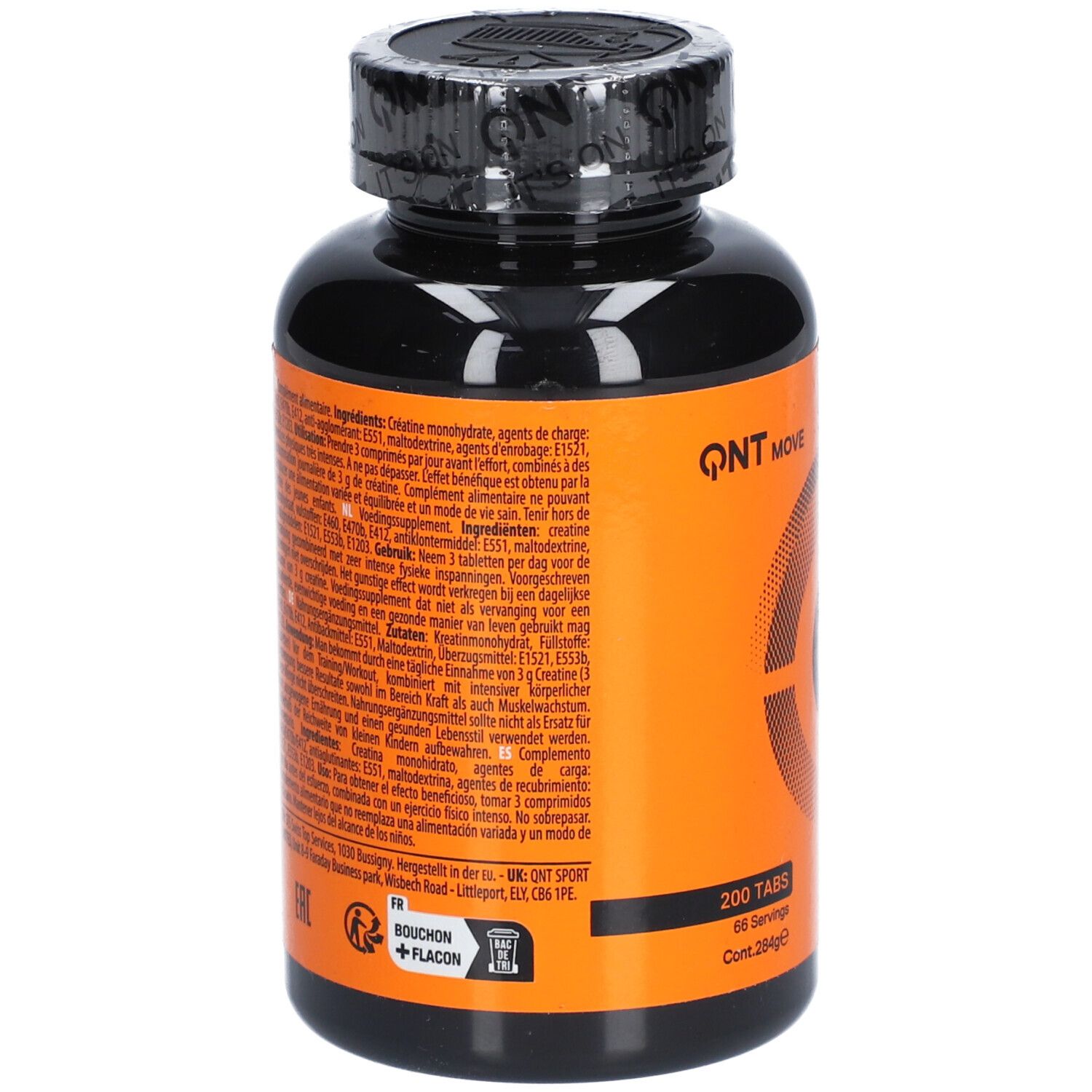 Rückseite einer schwarzen Flasche mit orangefarbenem Etikett. Text in mehreren Sprachen, darunter Zutaten und Anwendung.
