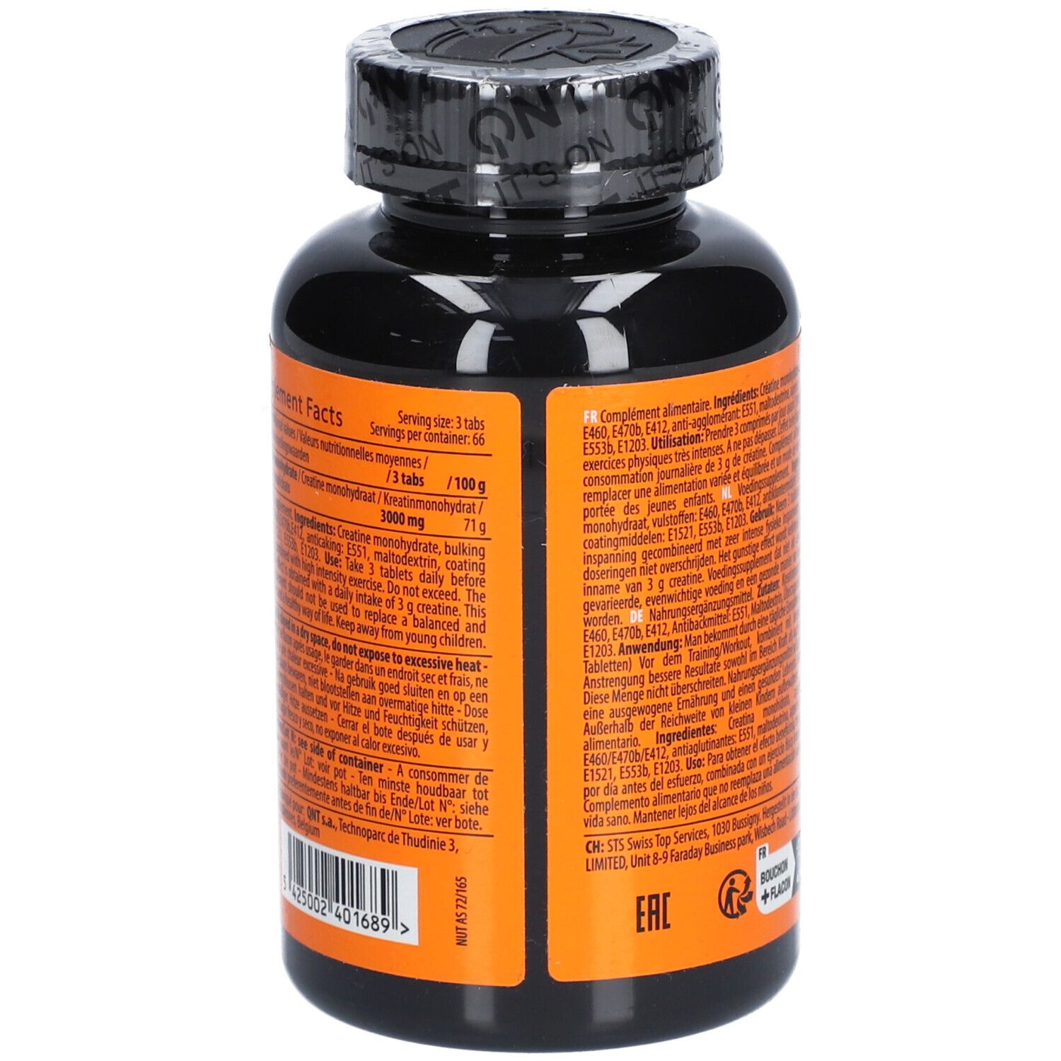 Rückseite einer schwarzen Flasche mit orangefarbenem Etikett. Text mit Nährwertangaben und Inhaltsstoffen.