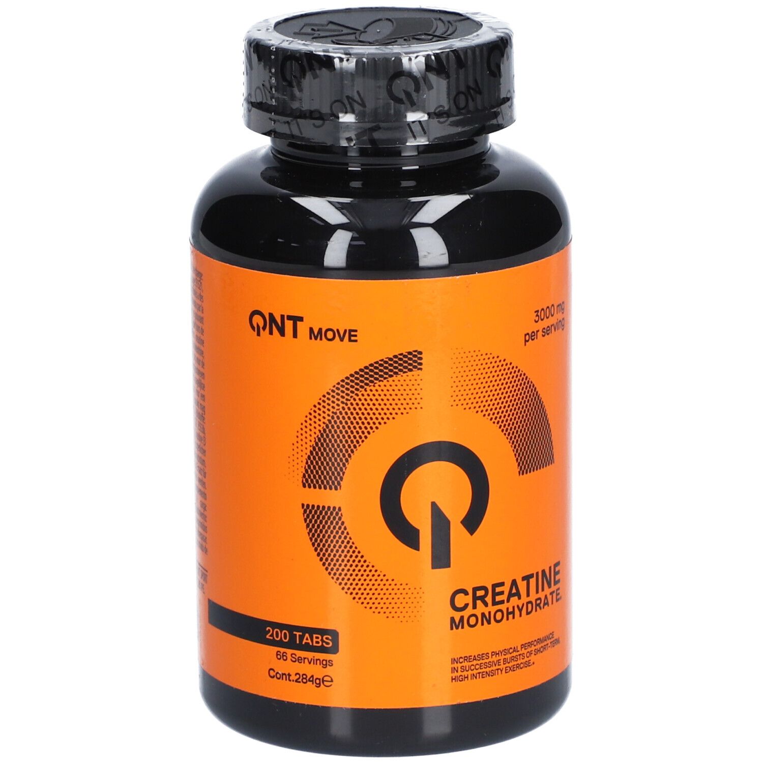 Schwarze Flasche mit orangefarbenem Etikett. Aufschrift: QNT MOVE, Kreatin Monohydrat. 200 Tabletten.