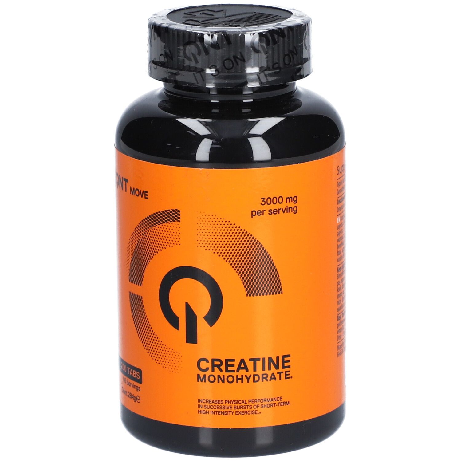 Schwarze Flasche mit orangefarbenem Etikett. Aufschrift: QNT MOVE, Kreatin Monohydrat. 3000 mg pro Portion.