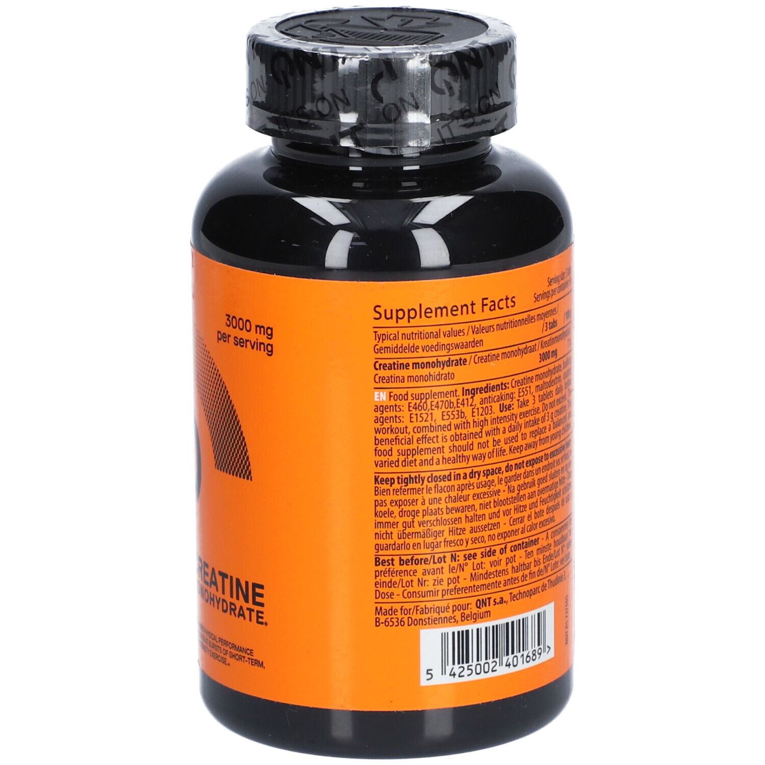 Rückseite einer schwarzen Flasche mit orangefarbenem Etikett. Text mit Nährwertangaben und Inhaltsstoffen.