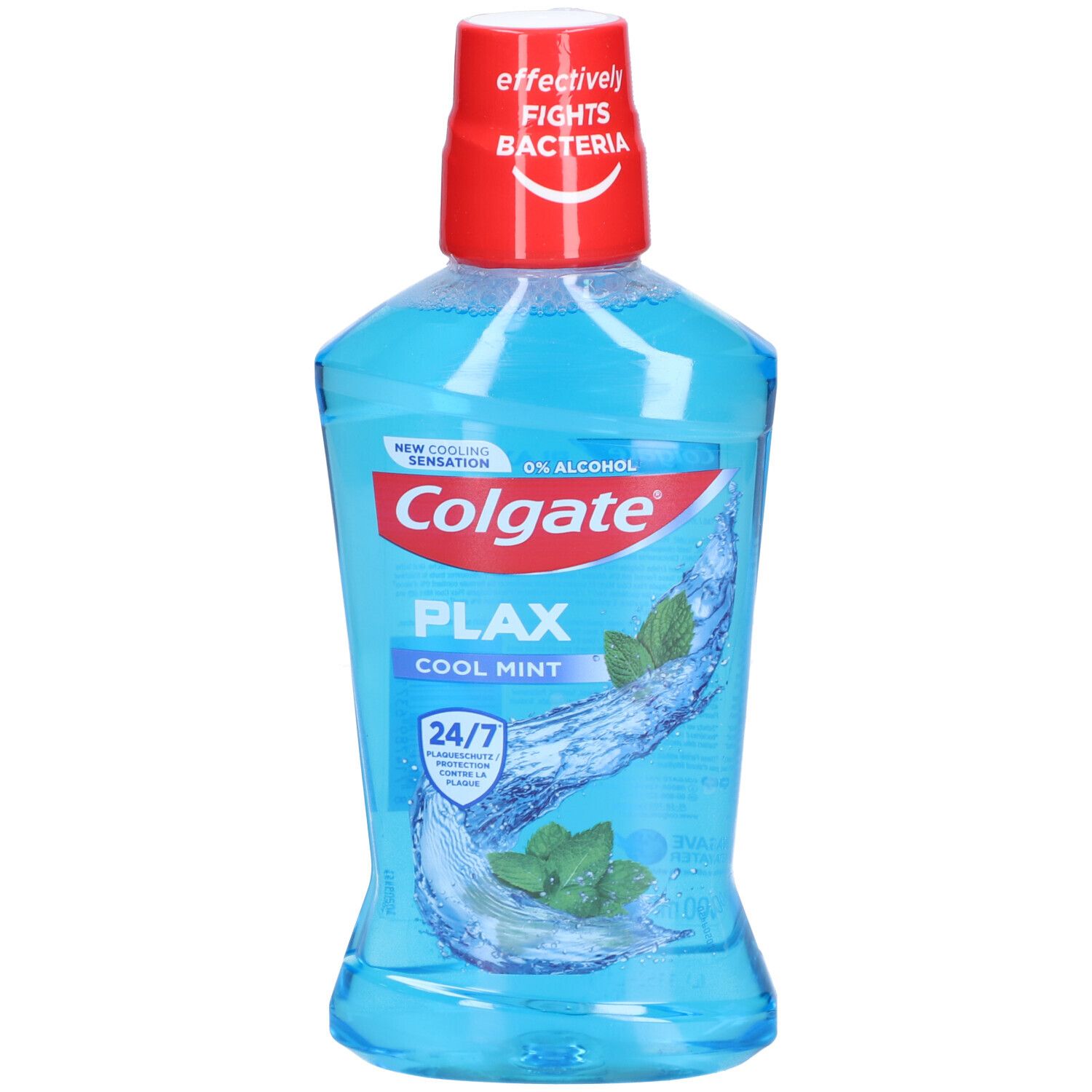 Bain de bouche Colgate Plax Cool Mint. Bouteille bleue, bouchon rouge. Inscription : Colgate, Plax, Cool Mint. Illustration de menthe et d'eau.