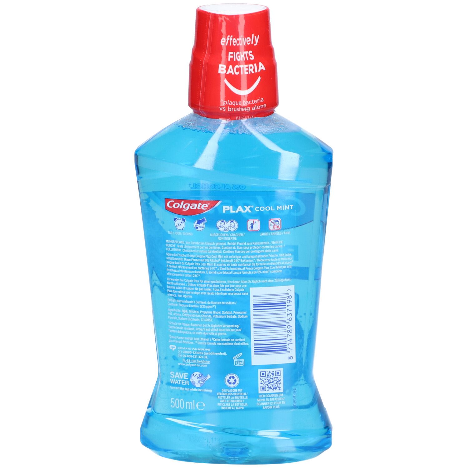 Dos du bain de bouche Colgate Plax Cool Mint. Bouteille bleue, bouchon rouge. Texte et code-barres sur l'étiquette.