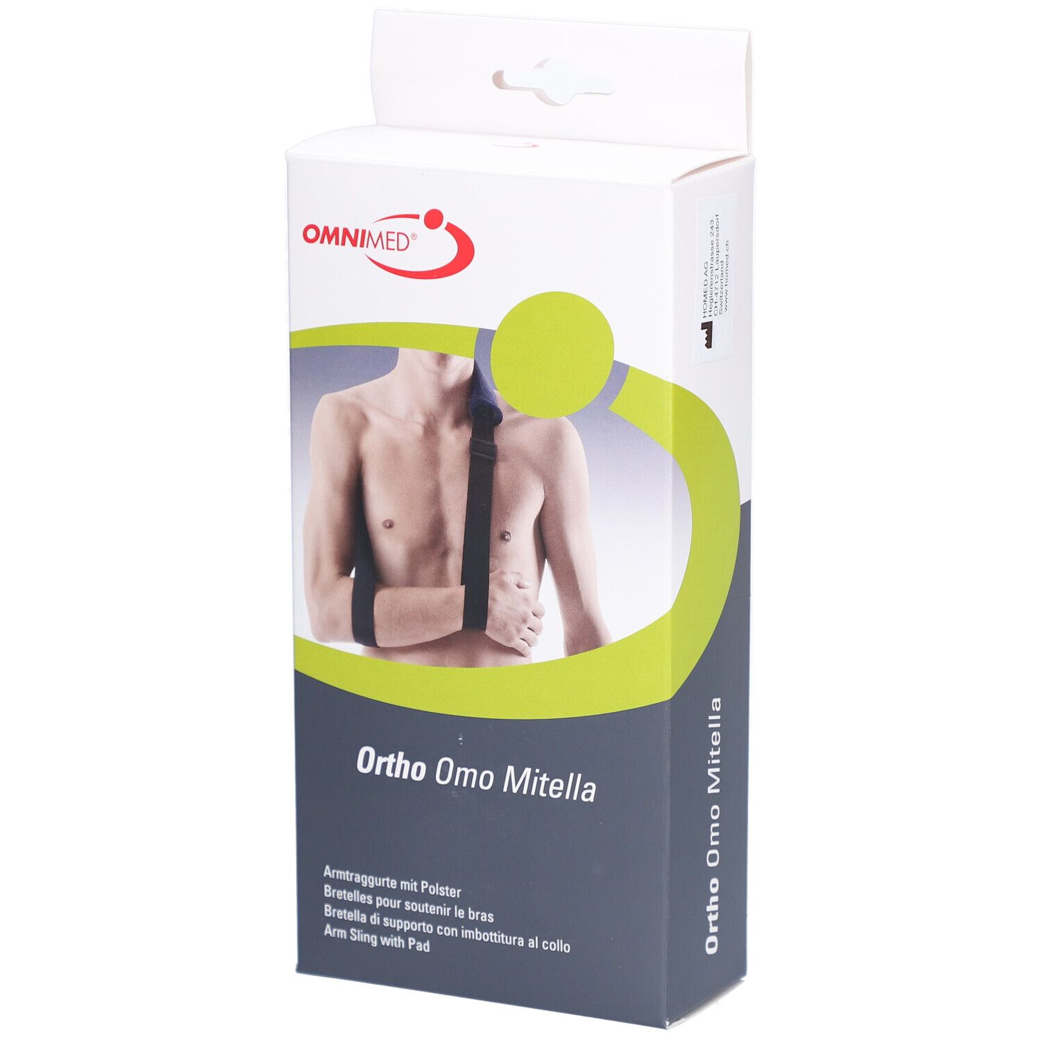 Verpackung der Omnimed Ortho Omo Mitella. Vorderansicht mit Produktabbildung. Text: Ortho Omo Mitella, Armschlinge mit Polster.
