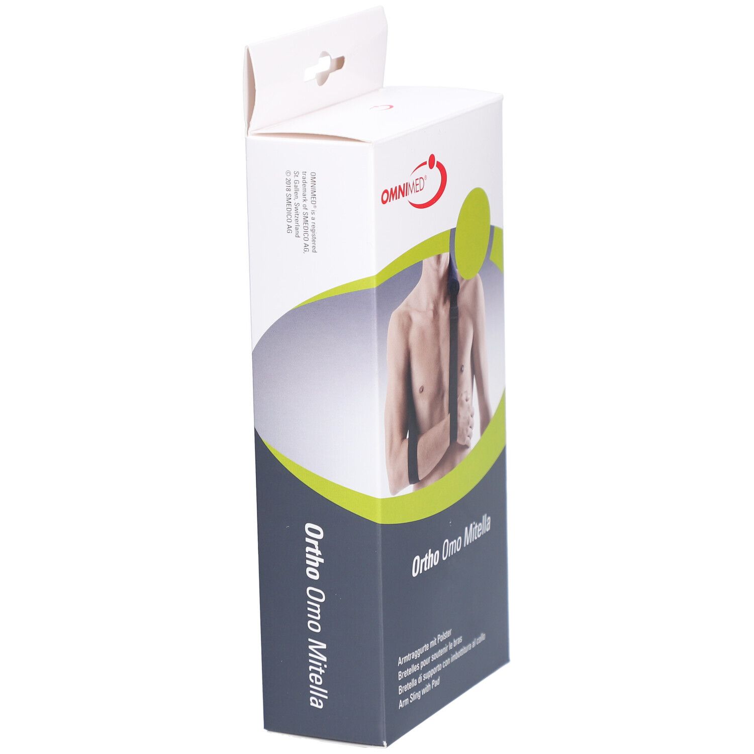 Seitenansicht der Omnimed Ortho Omo Mitella Verpackung. Text: Ortho Omo Mitella, Omnimed Logo, Produktabbildung.