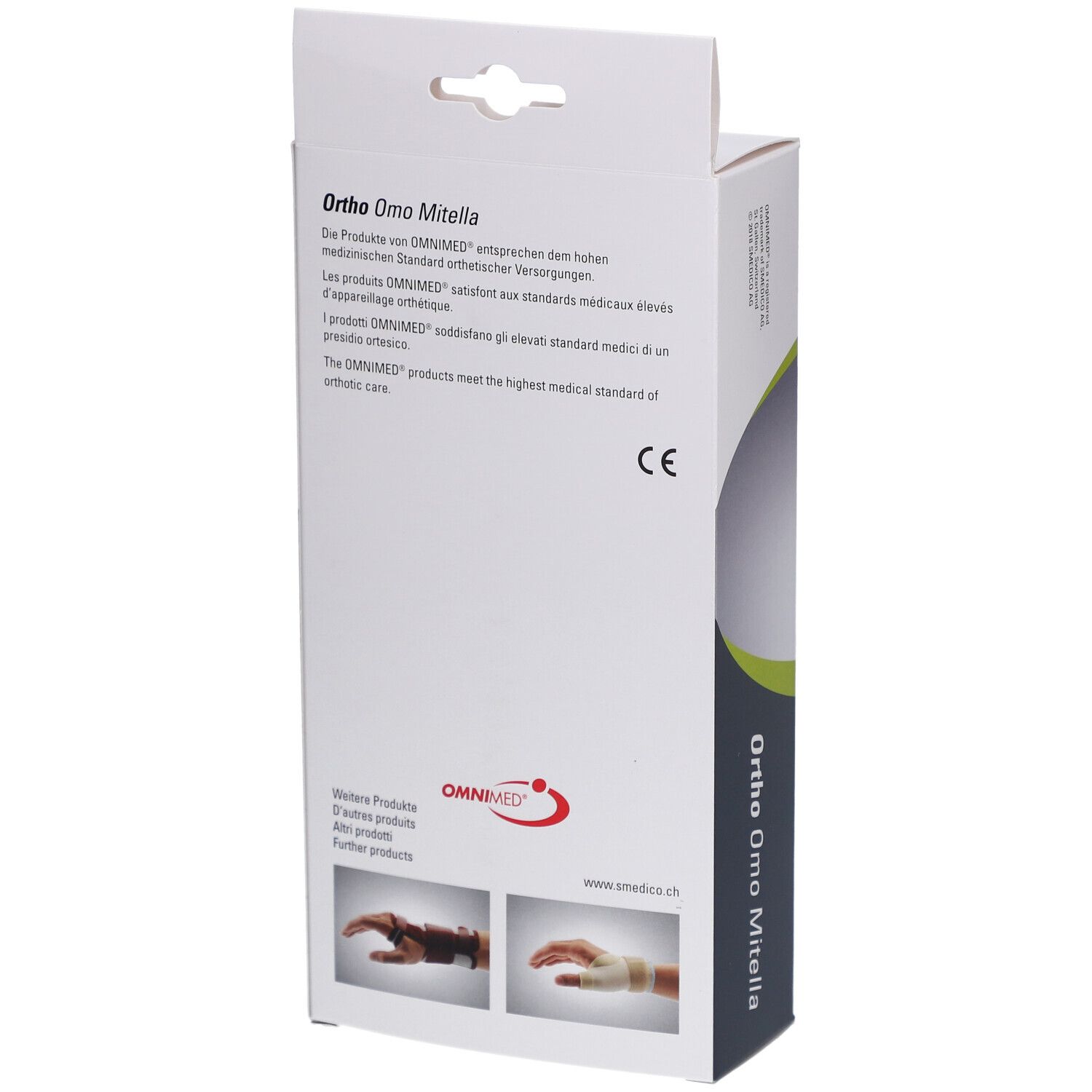 Rückseite der Omnimed Ortho Omo Mitella Verpackung. Text: Ortho Omo Mitella, CE-Zeichen, Produktinformationen, Omnimed Logo.