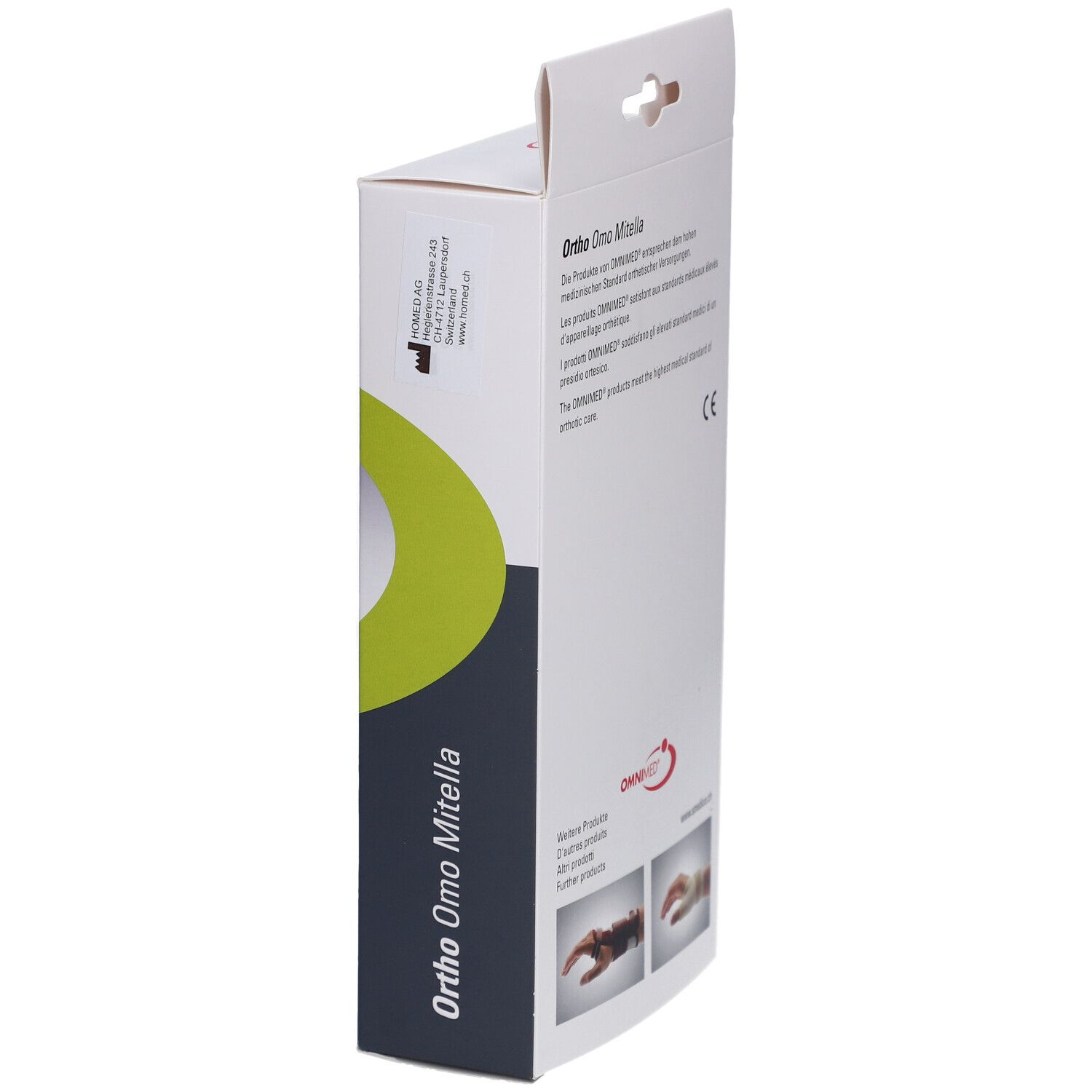 Seitenansicht der Omnimed Ortho Omo Mitella Verpackung. Text: Ortho Omo Mitella, Omnimed Logo, CE-Zeichen.