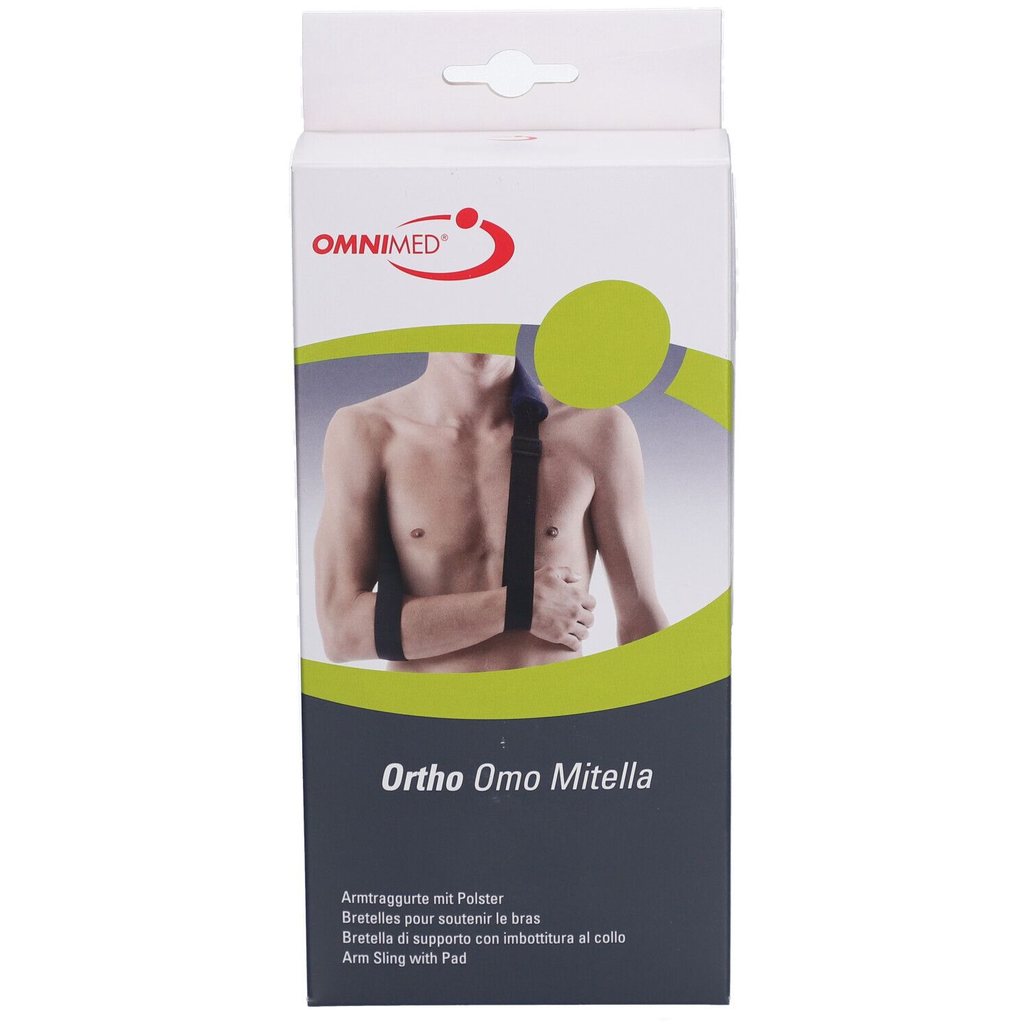Omnimed Ortho Omo Mitella Verpackung. Vorderansicht. Produktabbildung. Text: Ortho Omo Mitella, Armschlinge mit Polster.